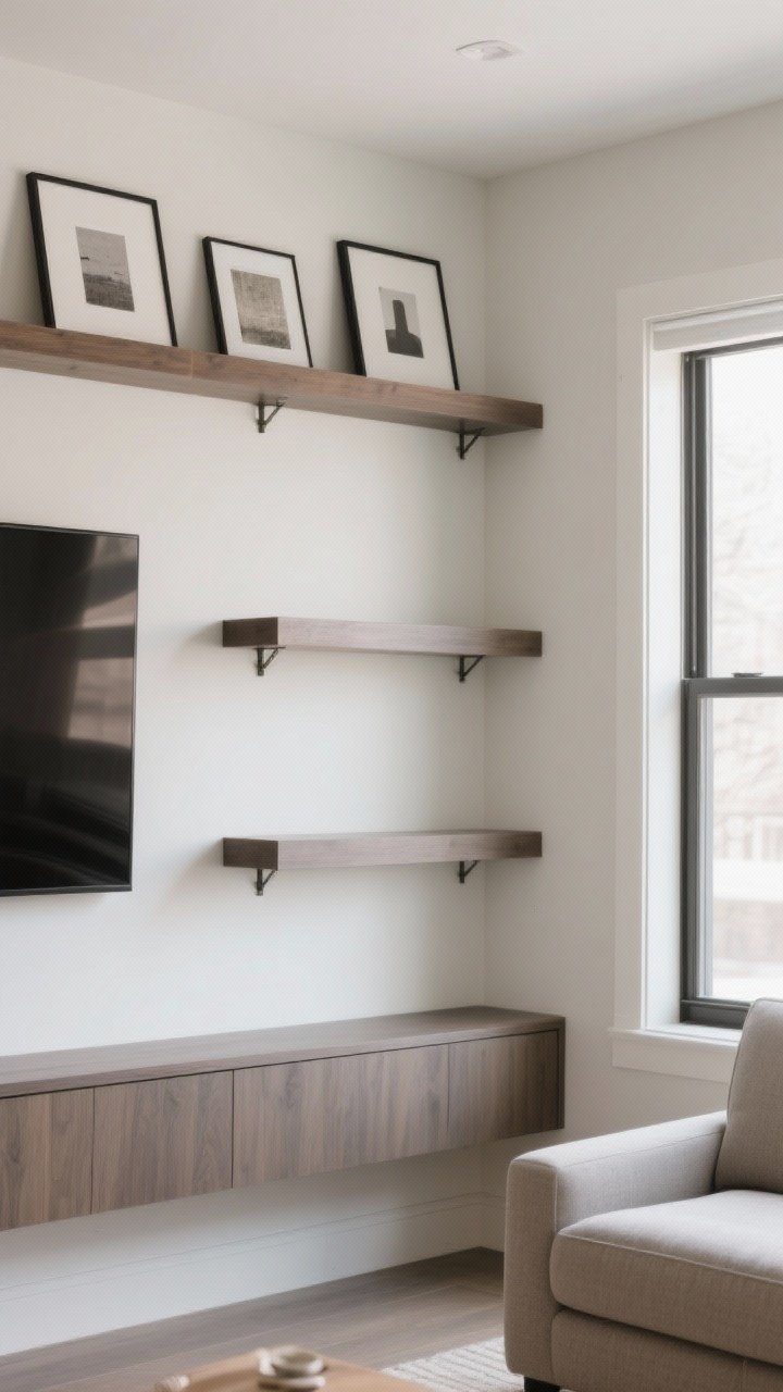 5–2 inch thick shelf over the sofa acting like a casual gallery, two staggered shelves beside a wall-mounted TV, and an L-shaped corner wrap making a tricky corner functional; near a window, a slim shelf sits at eye level (57–60 inches) with others staggered 12–16 inches apart; shelves either match the panel finish or subtly contrast with aligned undertones; hidden-bracket look for a modern, sturdy feel; bright natural light from the side window, straight-on perspective with a slight angle to reveal depth
