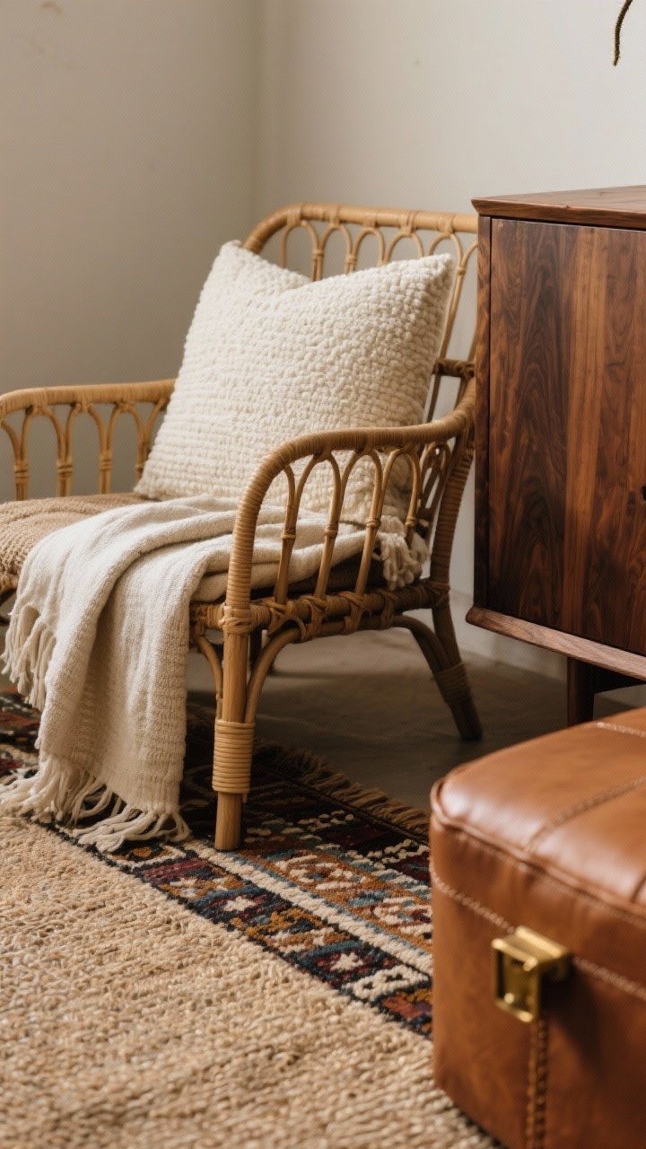 A detailed closeup of layered boho textures: rattan chair arm beside a walnut credenza edge, cream bouclé pillow, natural linen throw draped over the chair, a jute rug layered under a patterned wool/kilim runner; a caramel leather ottoman corner peeking in; warm brushed brass pull on the credenza; soft diffuse lighting to highlight tactile surfaces and the contrast of light rattan against dark walnut.