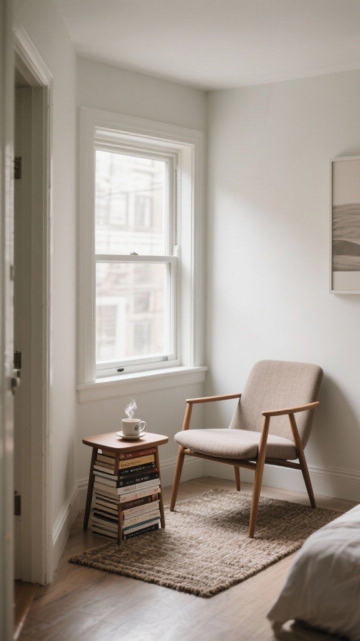 A medium corner shot of a small apartment reading nook intentionally “zoned”: a window corner with soft natural light, a petite side table made of stacked sturdy books holding a steaming tea mug, and a small textured rug grounding the area; a comfortable chair angled slightly toward the window light; low-traffic vibe with calm surroundings; include a subtle hallway edge or bedroom doorway in frame to show it’s a defined corner; photorealistic, daylight, cozy and purposeful, clean lines, no people
