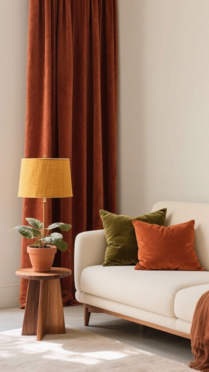 A medium shot of a seating vignette showcasing modernized earthy 70s hues: cream sofa with olive velvet cushions, terracotta throw pillows, a walnut side table, and a rust-and-clay toned drapery panel; matte finishes on textiles for a luxe feel; a mustard/ochre linen lampshade on a small table lamp; a terracotta planter with a leafy plant; neutral background so the muted, saturated colors read softly; gentle afternoon light.
