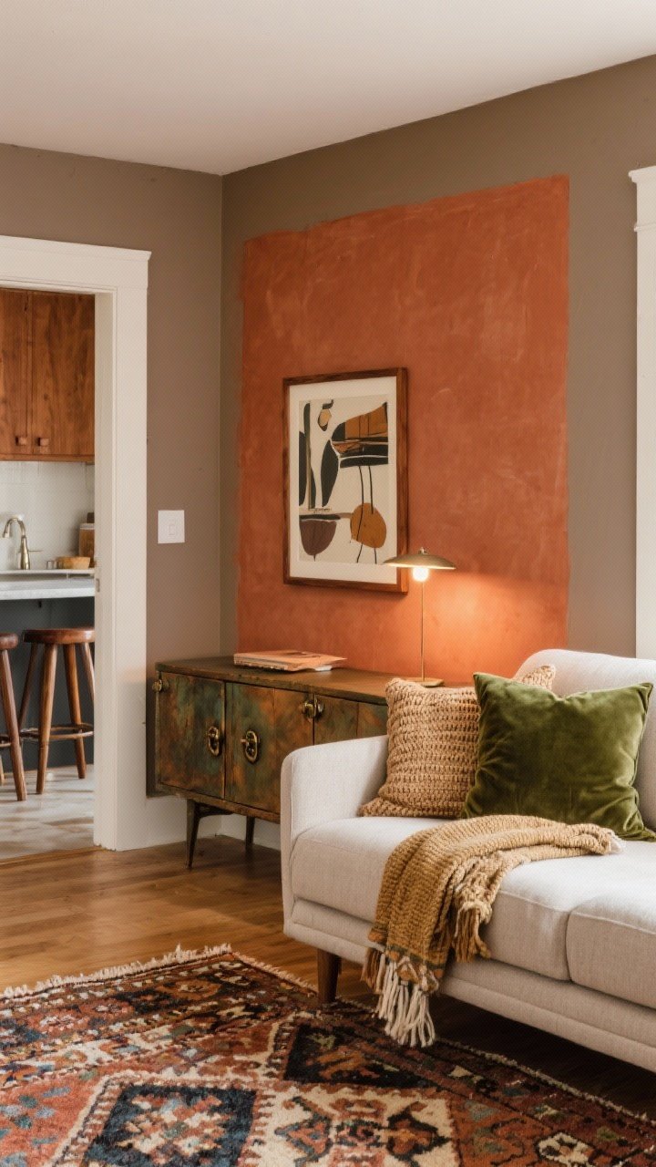 A medium shot of a weekend update corner: a terracotta half-wall accent behind a neutral sofa, aged bronze cabinet hardware on a nearby console, an olive velvet pillow and woven throw on the sofa, a patterned kilim rug on the floor; a piece of art reframed in walnut hanging above; warm taupe paint glimpsed in an adjacent kitchen doorway with walnut stools; warm 3000K lighting for inviting, modern 70s warmth.