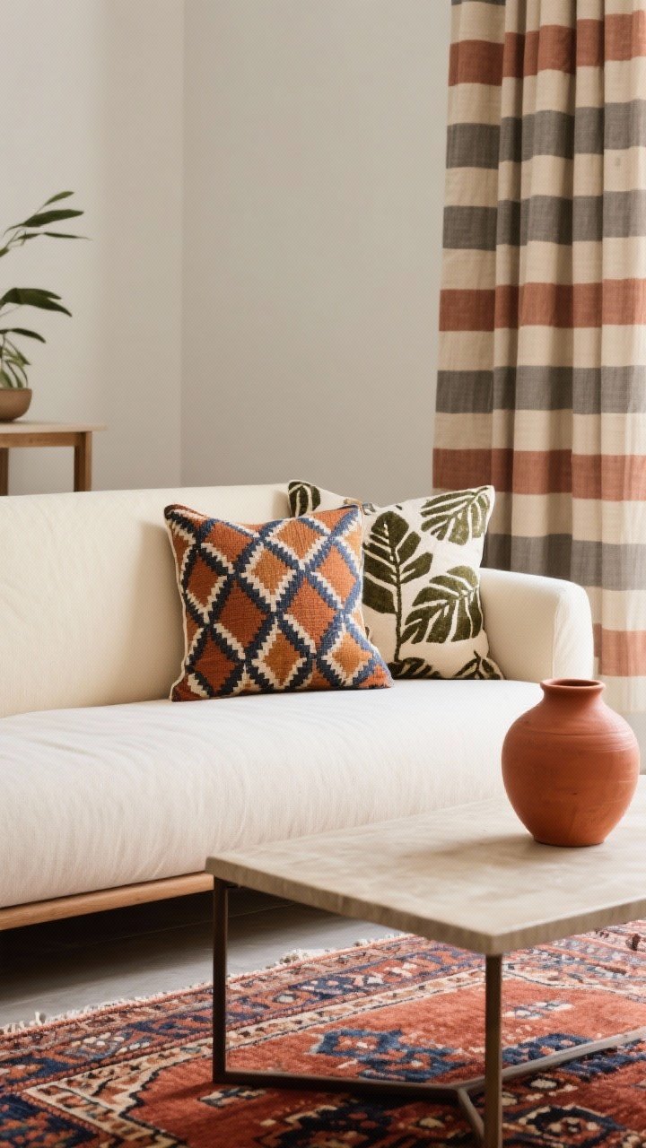 A medium, straight-on composition focusing on curated patterns: a bold geometric patterned pillow on a neutral cream sofa, paired with a leafy organic block-print pillow; narrow striped drapes in the background; a kilim rug in rust and indigo under a simple coffee table; a tone-on-tone terracotta ceramic vase on the table to show subtle layering; balanced palette with only three patterns visible; even natural light for clarity.