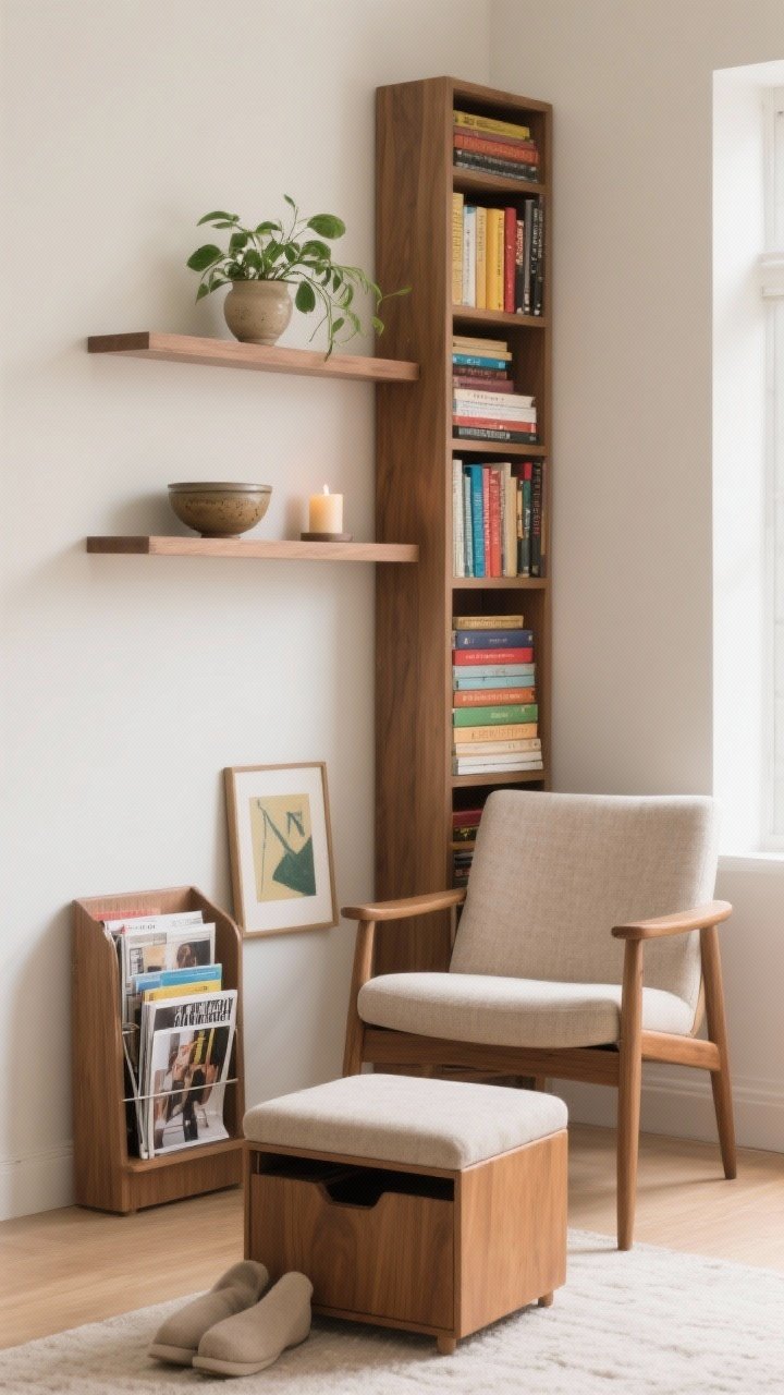 A straight-on medium shot of smart storage styled as decor: a narrow bookcase beside the chair filled with color- or size-grouped books, floating shelves above holding one plant and one object per shelf (like a ceramic bowl and a candle), a storage ottoman in front for feet-up and hidden storage, and a slim magazine rack with current reads; small art leaned behind book stacks for layered depth; soft natural light; photorealistic, organized yet cozy