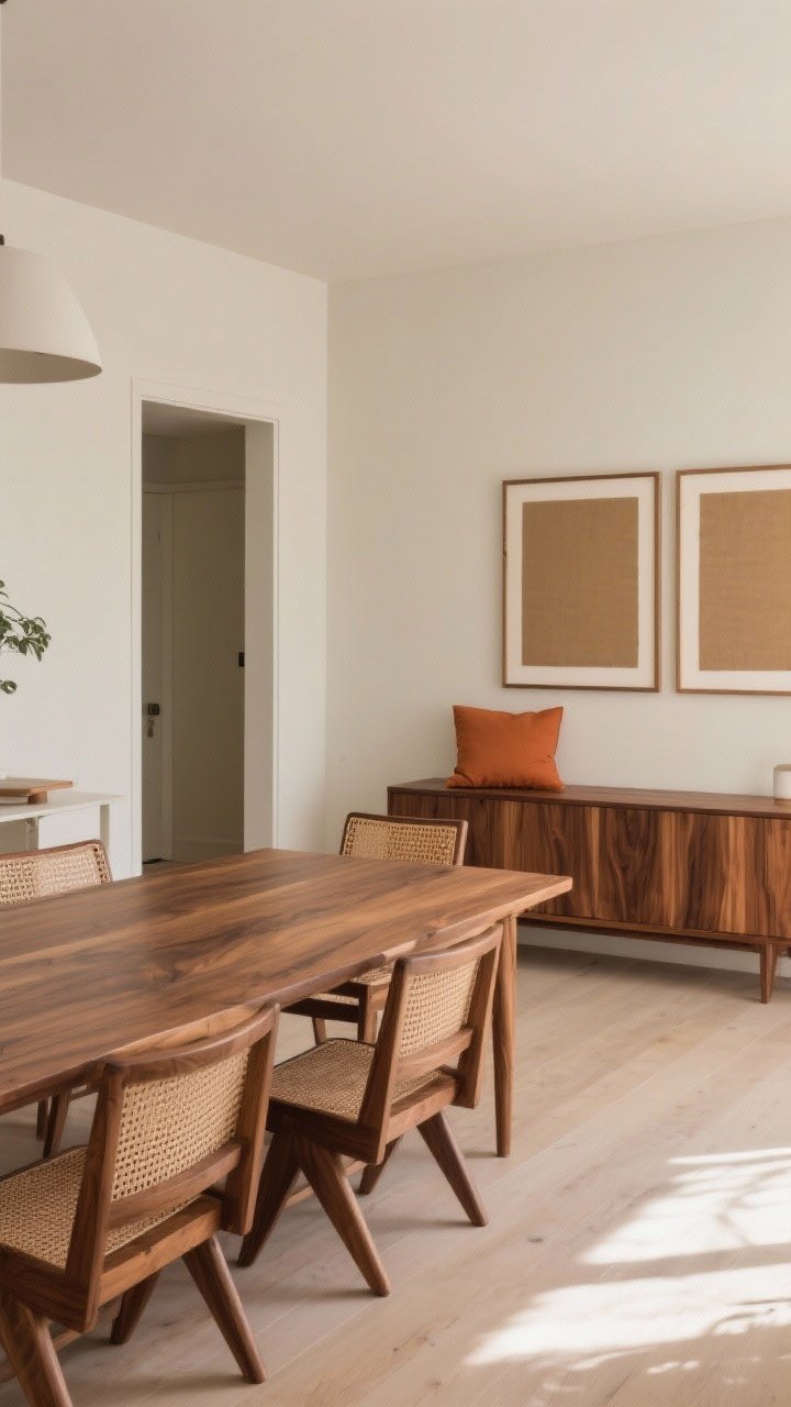 A wide dining room shot using walnut as the anchor: a solid walnut dining table with woven cane chairs, matching walnut-framed art with wide mats on the wall; a slim walnut sideboard with subtle variation in wood tones; neutral walls and minimal accessories to let the wood ground the space; a terracotta cushion on a slim walnut bench visible near the entry; soft morning light creating depth on the wood grain.