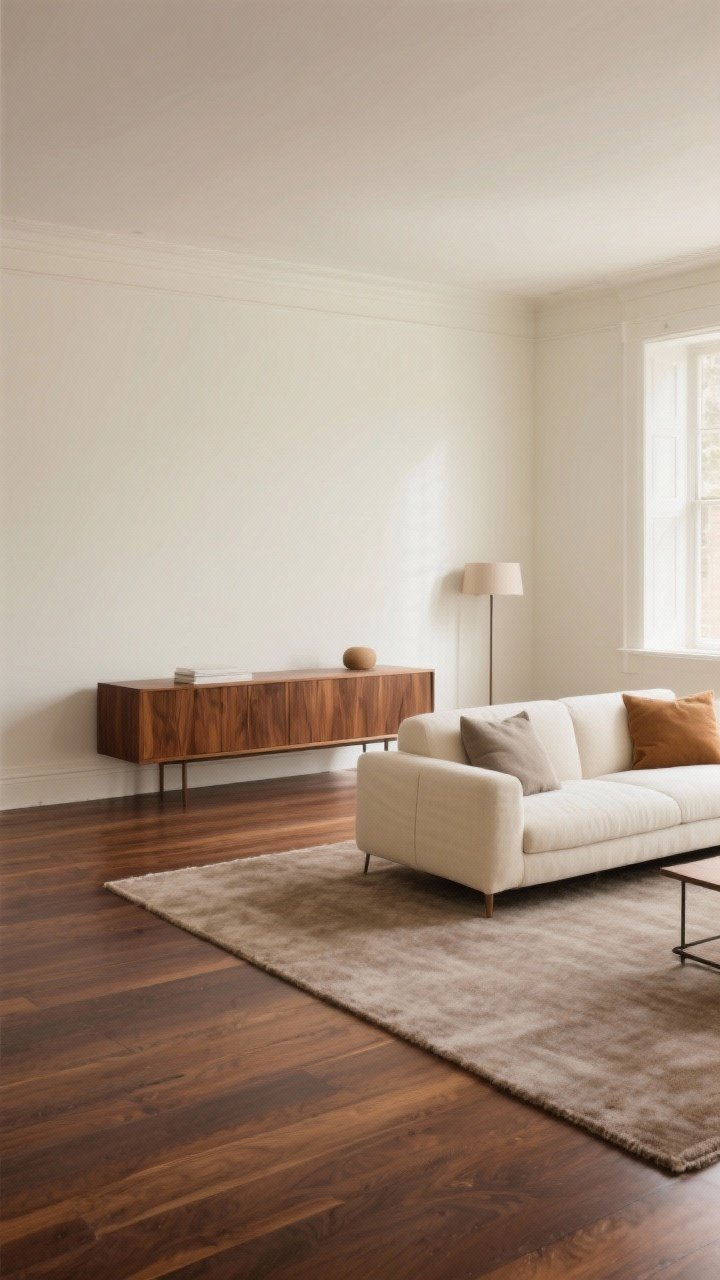 A wide, straight-on living room shot with a grounding base: deep walnut wood floors in a matte finish, a walnut credenza, creamy off-white (alabaster/ecru) walls, and a soft taupe area rug; large cream linen sofa with camel and greige upholstery accents; minimal decor to emphasize the calm foundation; soft natural daylight from the left, creating a warm, modern 70s-inspired ambiance; no bold colors yet—focus on walnut grain, cream walls, and soft taupe textures.