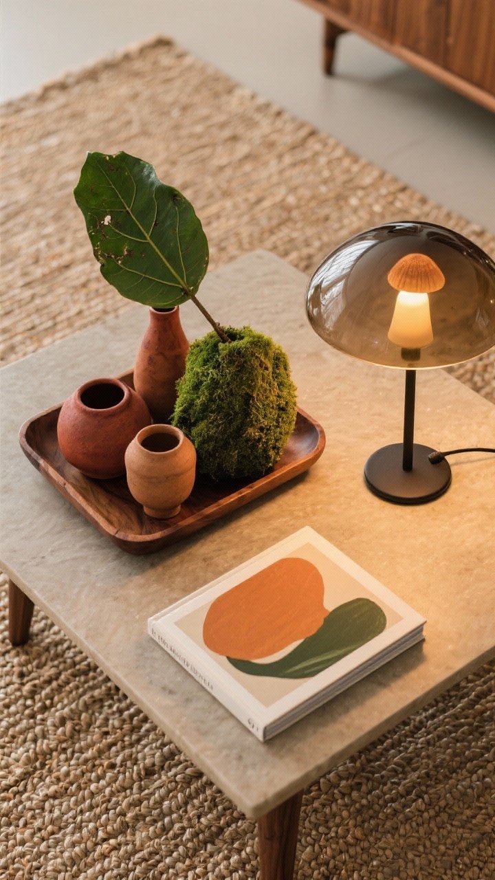 An overhead detail view of a styled coffee table vignette capturing accents that sing: handmade ceramics in rust, clay, and mossy green clustered on a walnut tray; a small abstract art book with ochre and olive tones; a rubber tree leaf edge entering frame; smoked glass mushroom lamp nearby casting warm 2700K glow; texture of a jute rug beneath; mood is warm, layered, and glowy.