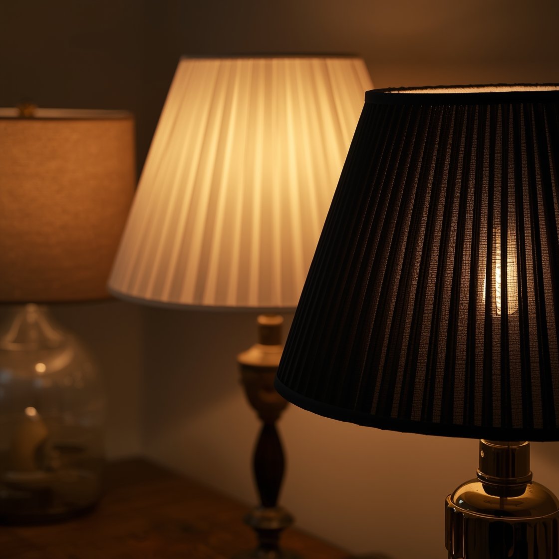 Closeup: A trio of table lamps showcasing mood-setting shades—natural linen drum for softened diffusion, white rice paper shade for even glow, and a black opaque pleated empire shade casting dramatic pools of light; include contrasting bulb shapes: a frosted globe and a warm vintage filament; warm evening ambience highlighting textures, photorealistic.