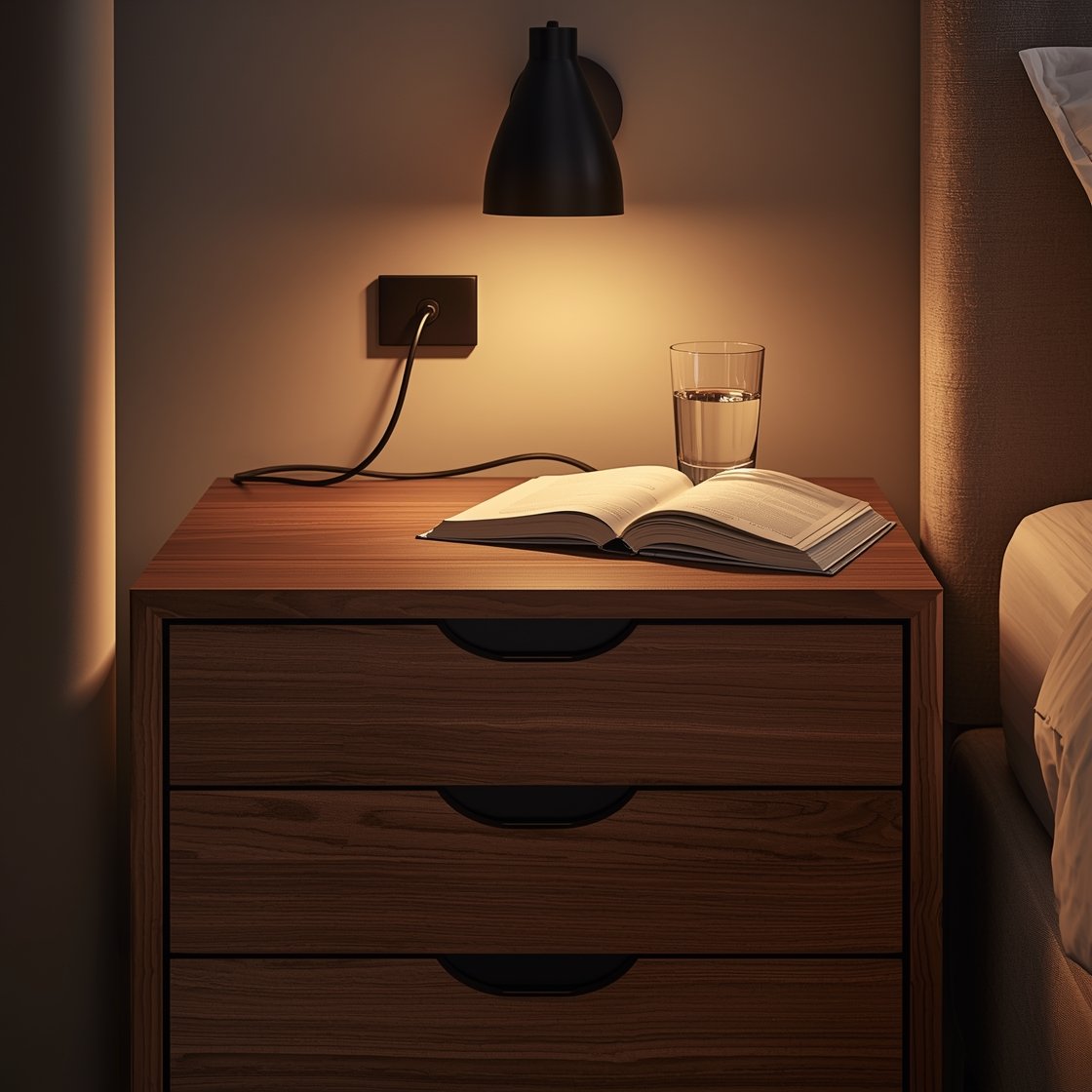 Closeup detail: A contemporary nightstand with closed storage—three flush drawers—in walnut, featuring built-in cable management grommet at the back where cords disappear. A wall sconce above replaces a table lamp, freeing the top, which holds just a glass of water and a book. Warm, hotel-like evening lighting, soft shadows, no visible cord clutter, clean edges and minimal styling.
