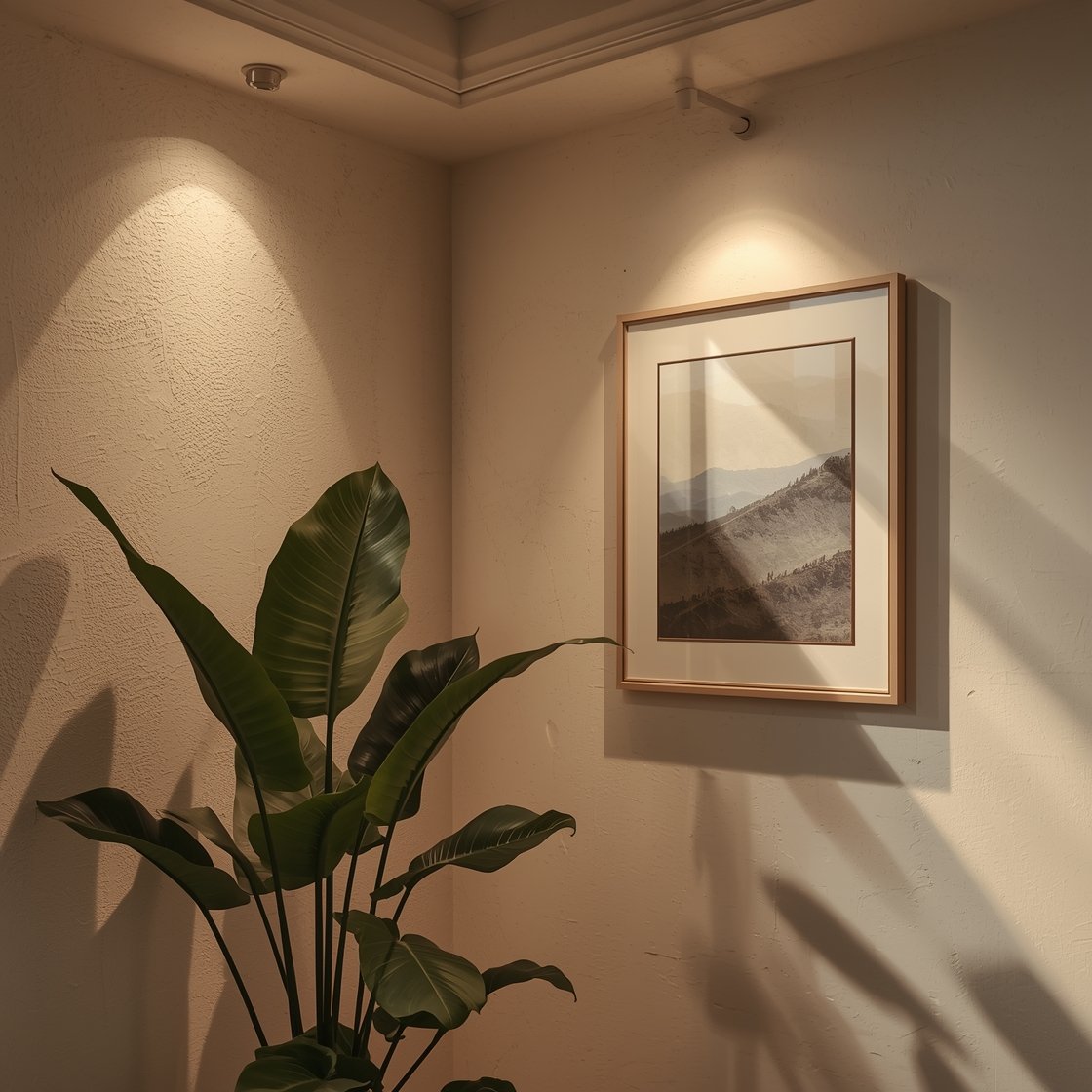Corner angle medium shot: Architectural drama via directional light—floor can uplights tucked behind a large indoor plant casting dreamy leaf shadows on the wall; a picture light above a framed painting; wall washers grazing a textured plaster surface to add depth and make the ceiling feel taller; spa-like, subtle atmosphere, photorealistic.