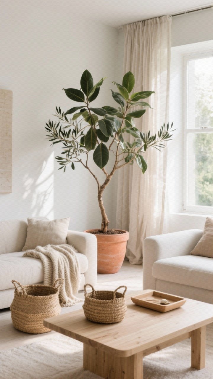 Corner-angle medium shot bringing nature in: sculptural plants like an olive tree or rubber plant providing height near sheer linen window panels that filter abundant sunlight; planters in terracotta, travertine, or matte ceramic in soft earthy tones; natural accents—jute baskets, wool throw, and a light wood tray on the coffee table; pale colors glowing in the daylight; clean Scandinavian lines softened by organic materials; photorealistic.
