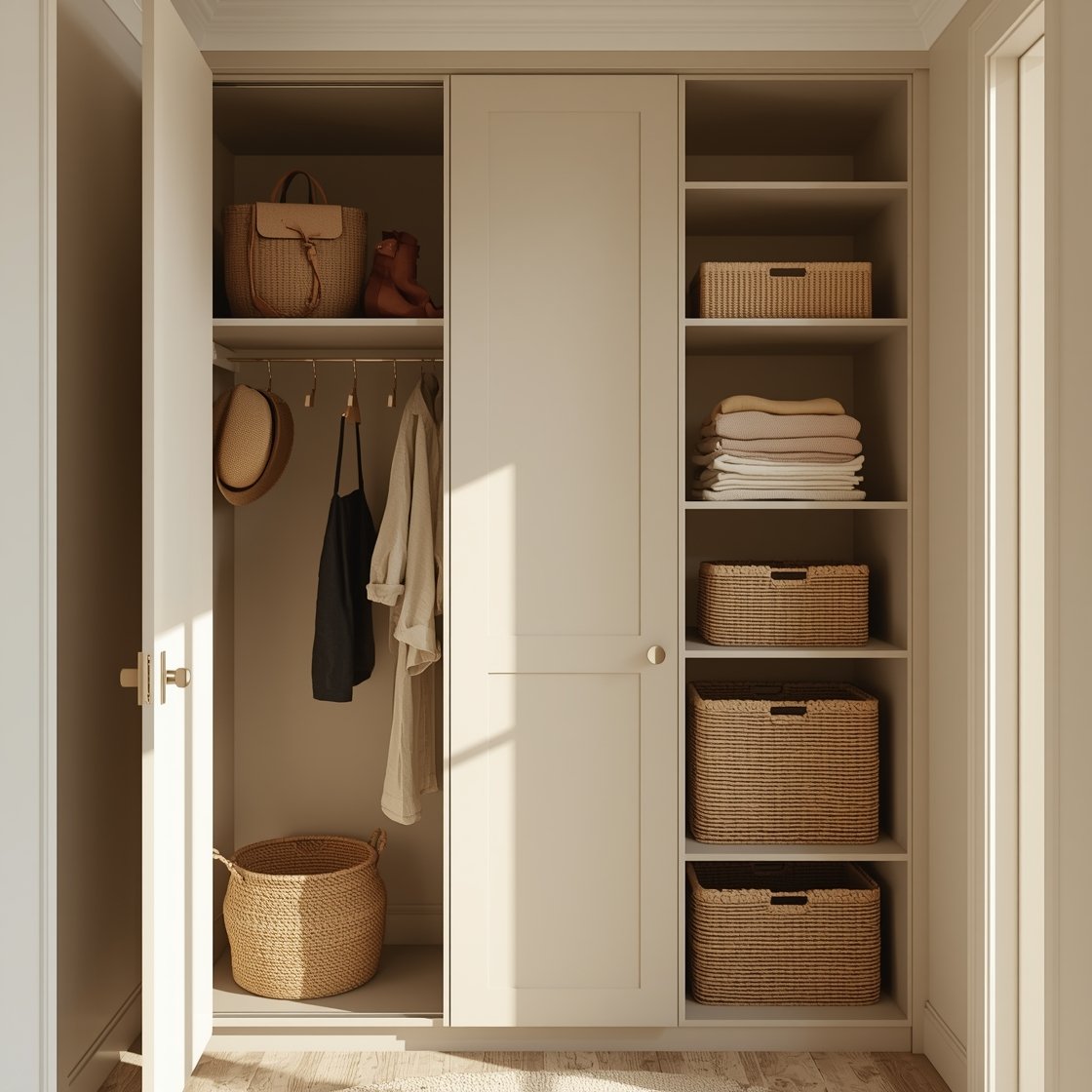 Corner angle shot: Vertical storage emphasis with a ceiling-height wardrobe color-matched to the wall for a blended look, adjustable shelves inside hinted by an open door with seasonal items up top. A wall-mounted peg rail holds a bag, hat, robe, and a planned outfit, and a tall, narrow bookshelf stacks baskets and folded items. Soft neutral palette, upward perspective to accentuate height, gentle afternoon light.