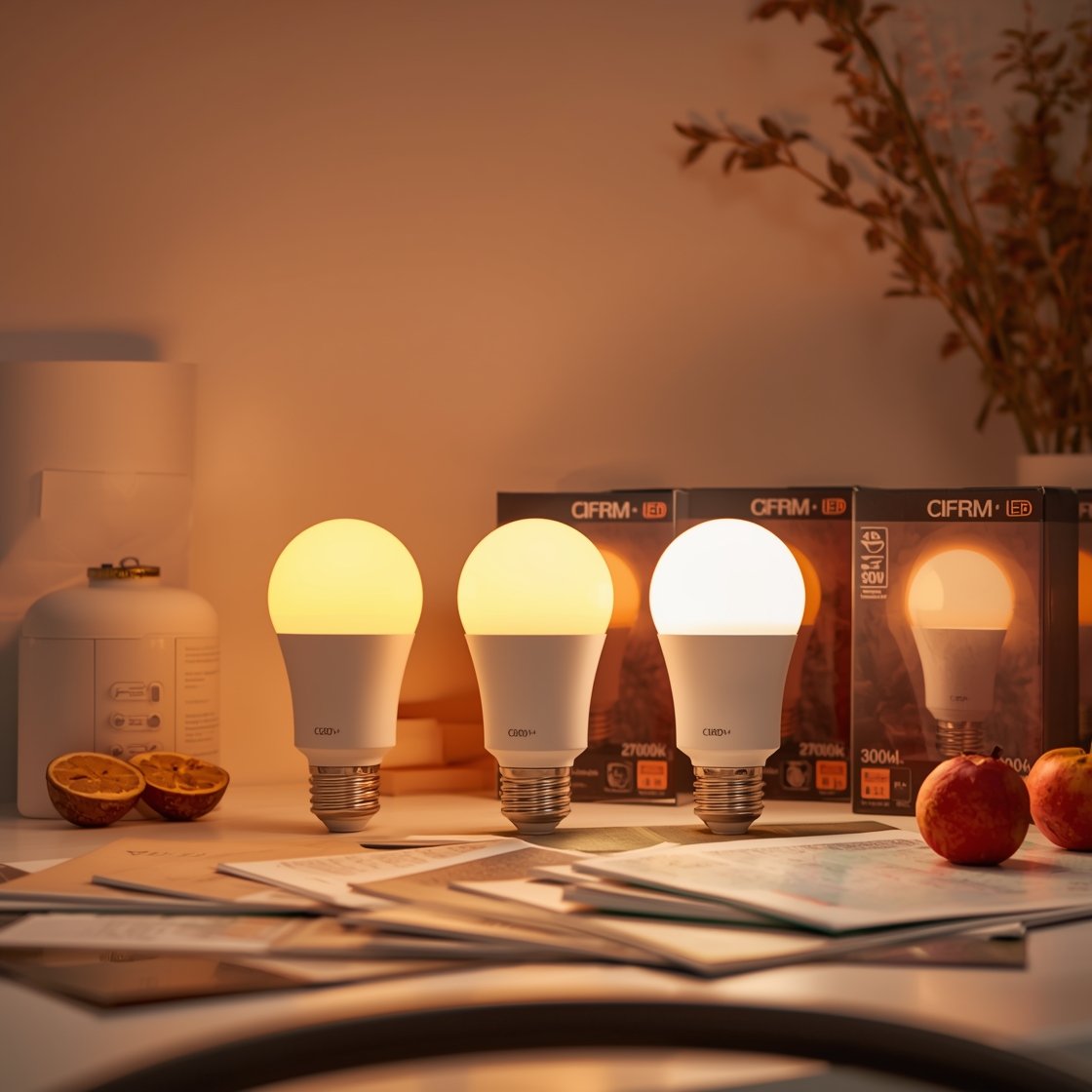 Detail closeup: A tabletop lineup of dimmable LED bulbs labeled 2700K, 3000K, 3500K with warm-to-neutral glow gradients, CRI 90+ packaging visible; nearby color swatches and fruit to show accurate color rendering; soft evening setting with a neutral background, emphasizing cozy warm-dim illumination without harsh glare, photorealistic.