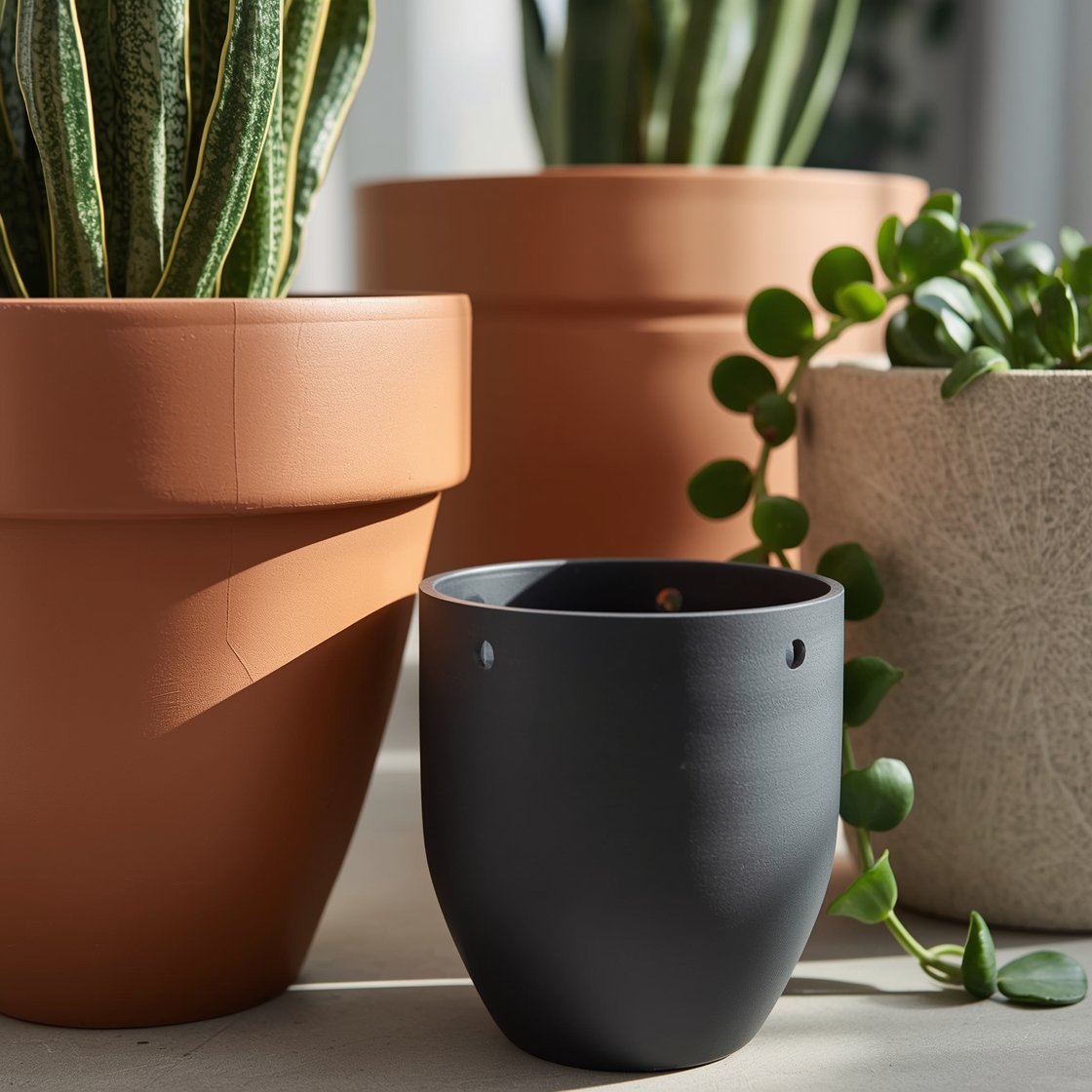 Detail closeup of coordinated container styling: a trio cluster following the rule of three—one oversized terracotta planter with a statement “thriller” plant, a matte black mid-size “filler,” and a stone-finish planter with a trailing “spiller.” Tight palette of terracotta, matte black, and stone repeated in background pots. Visible lightweight resin/fiberglass texture and neat drainage holes. Soft morning light highlighting finishes and plant forms, shallow depth of field.