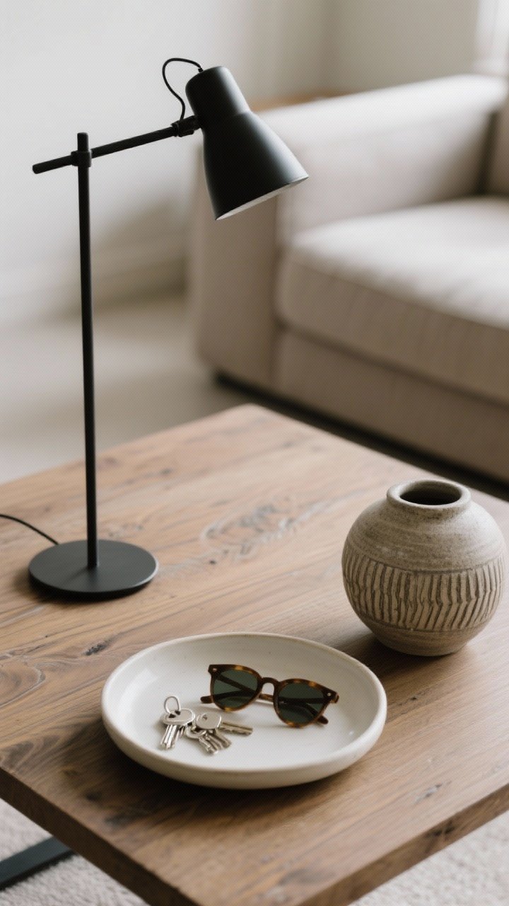Detail closeup of the table surface styled using the 3-anchor formula: a slim metal lamp (matte black) for height, a round ceramic tray in soft white holding keys and sunglasses as a catchall, and a textured wood grain tabletop alongside a stoneware vase. Mix textures—wood, ceramic, and metal—with balanced composition visible from both sides of a behind-the-sofa placement. Gentle, even natural lighting, shallow depth of field to highlight texture and balance without clutter.