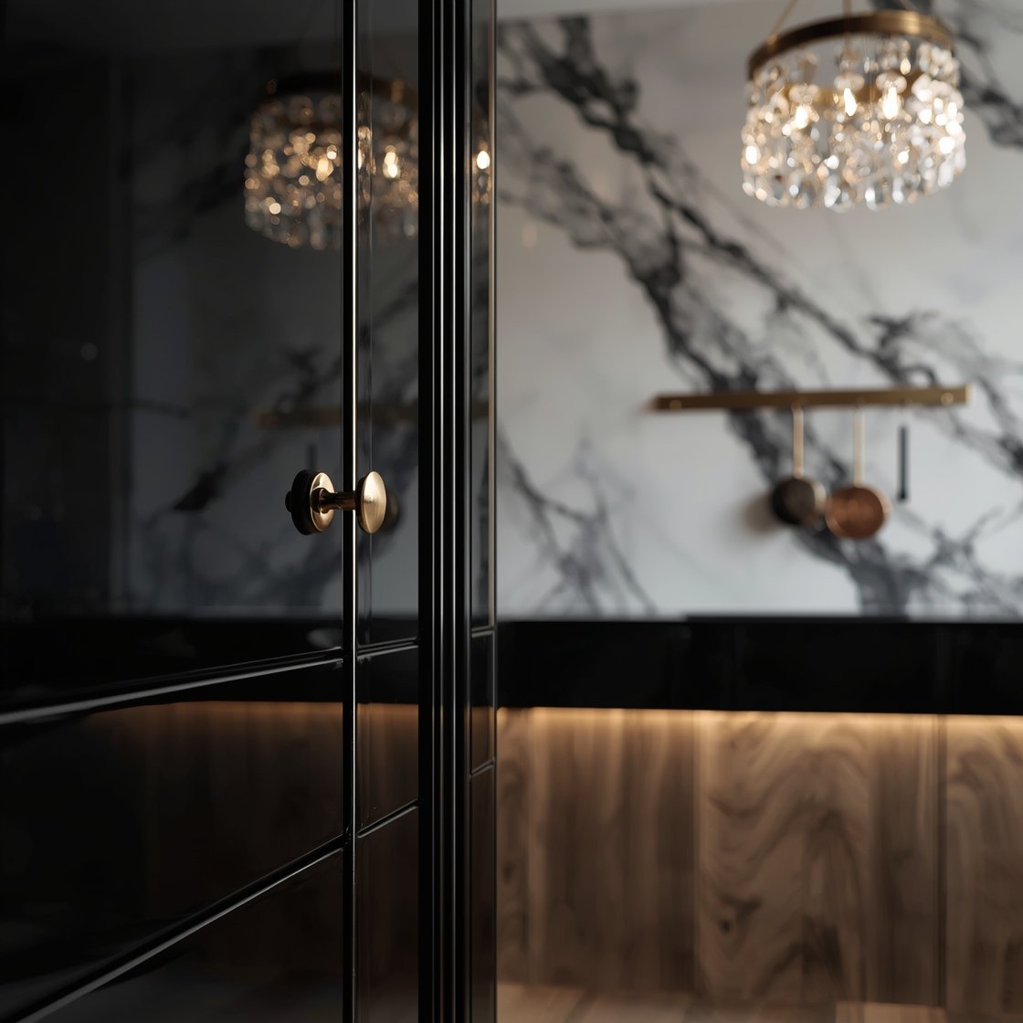 Detail closeup, slightly low angle: Parisian night glam—high-gloss black lacquer cabinet door reflecting light like a grand piano, delicate unlacquered brass knob beginning to patina, a slab of white-and-charcoal high-contrast marble counter rising behind with dramatic veining continuing up the backsplash; in soft focus, a petite crystal chandelier sparkle and a brass rail with S-hooks holding copper pans; hints of lightly smoked herringbone oak below; refined, moody glow; photorealistic, no people.