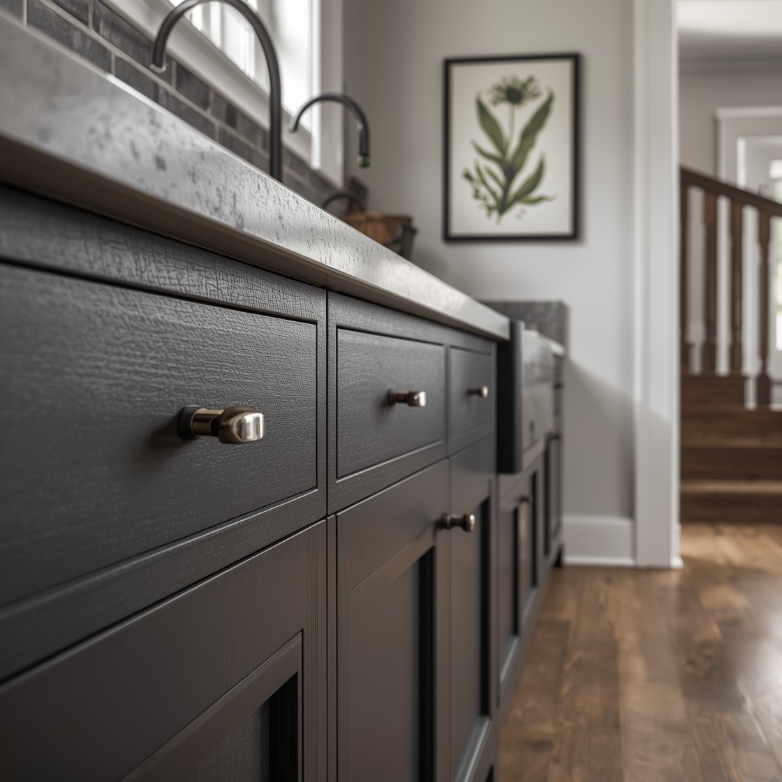 Detail closeup, straight-on: Charcoal Shaker cabinet drawer fronts with full-overlay detailing, fitted with aged nickel bin pulls; behind, a honed gray-forward Carrara countertop edge meeting a stacked 4x4 gray ceramic backsplash with dark grout lines; a glimpse of a black fireclay farmhouse sink and the rail of a library-style ladder in the background; oiled wide-plank oak floor softly catching light; scholarly mood with a blurred framed vintage botanical print on the wall; soft, directional lighting to reveal matte textures; photorealistic, no people.