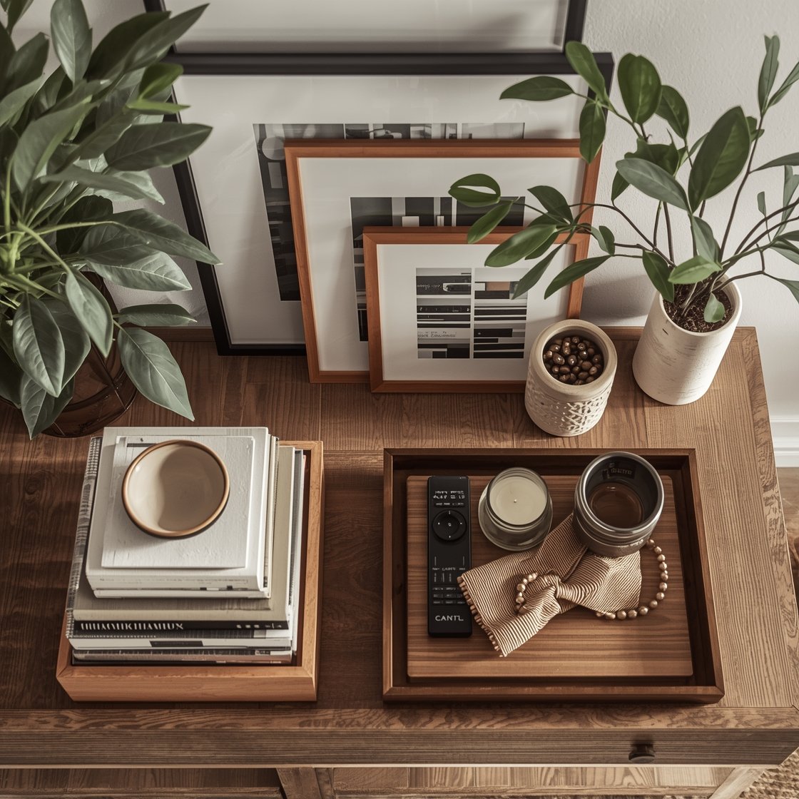 Detail/overhead styling shot of a coffee table and console showcasing personal, lived-in decor: stacks of books arranged in threes with a small bowl, bead strand, and a candle on top; mixed art sizes leaning on the console—one large piece plus a couple of smaller frames for a relaxed gallery feel; a leafy plant and a vase of branches for natural elements; a layered tray corralling remotes, matches, and coasters; repeated materials story in frame—warm woods and aged brass accents; soft morning light, overhead perspective to emphasize composition and textures