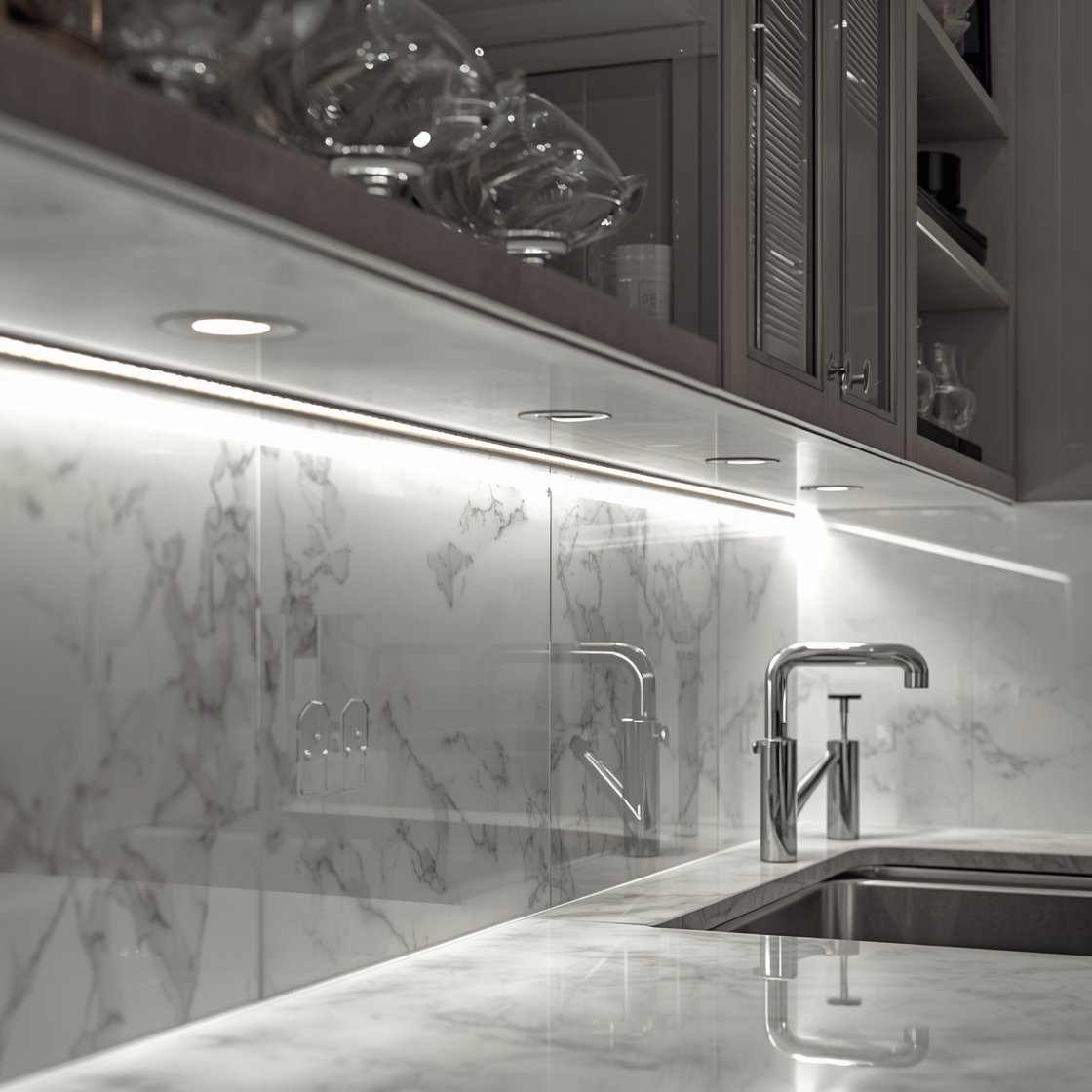 Detail shot: Under-cabinet LED strip lighting in a modern kitchen, continuous light with no visible dotting reflected on a glossy marble backsplash; neatly hidden wires using white raceways, adhesive cable clips tucked beneath the cabinets; glassware sparkling on open shelves with matched color temperature to ceiling fixtures for a cohesive glow, photorealistic.