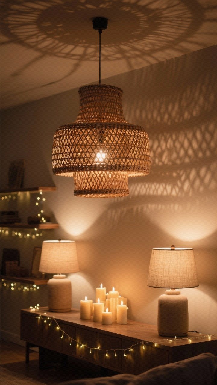 Evening ambiance detail shot focusing on layered lighting: a woven rattan statement pendant overhead casting patterned shadows, two table lamps with linen shades emitting soft, diffused light, a cluster of candles (real or LED) glowing on a console, and subtle string lights draped along a shelf; warm 2700K–3000K color temperature for sanctuary vibes