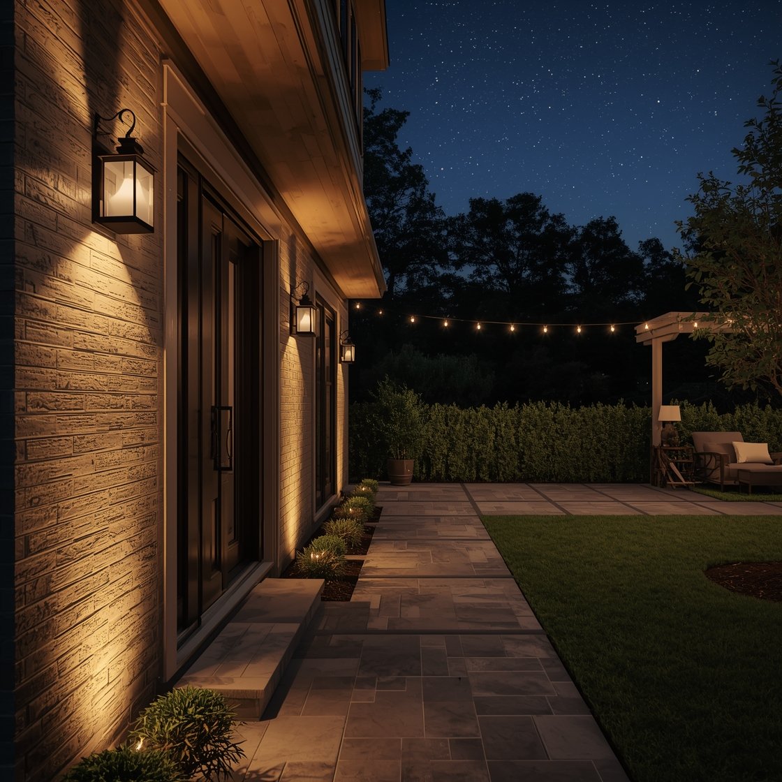 Evening exterior wide shot: Layered outdoor and transitional lighting—a warmly lit entry with lantern sconces that match the home’s style, low-glare path lights aiming down for safe walkway illumination, and string lights overhead on a patio creating instant party energy; cozy warm color temperature that preserves view of the stars, photorealistic.