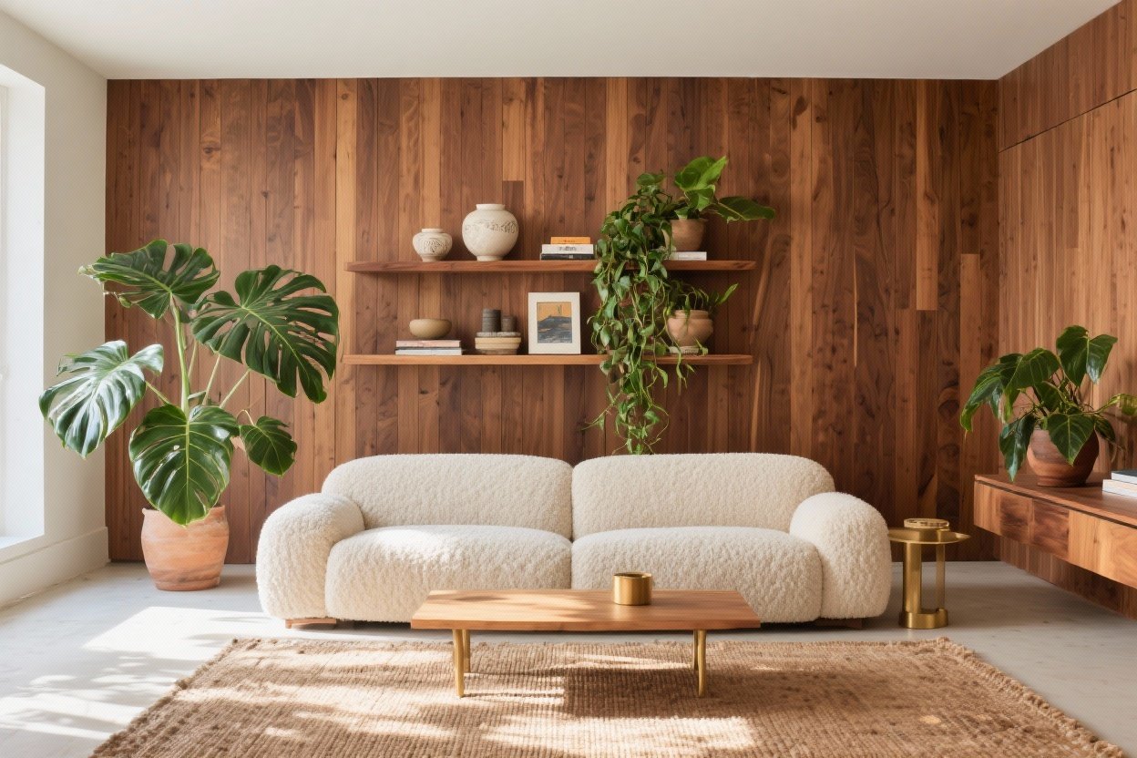 Create Stunning Living Room Plants and Wooden Panel Walls With Floating Shelves That Wow