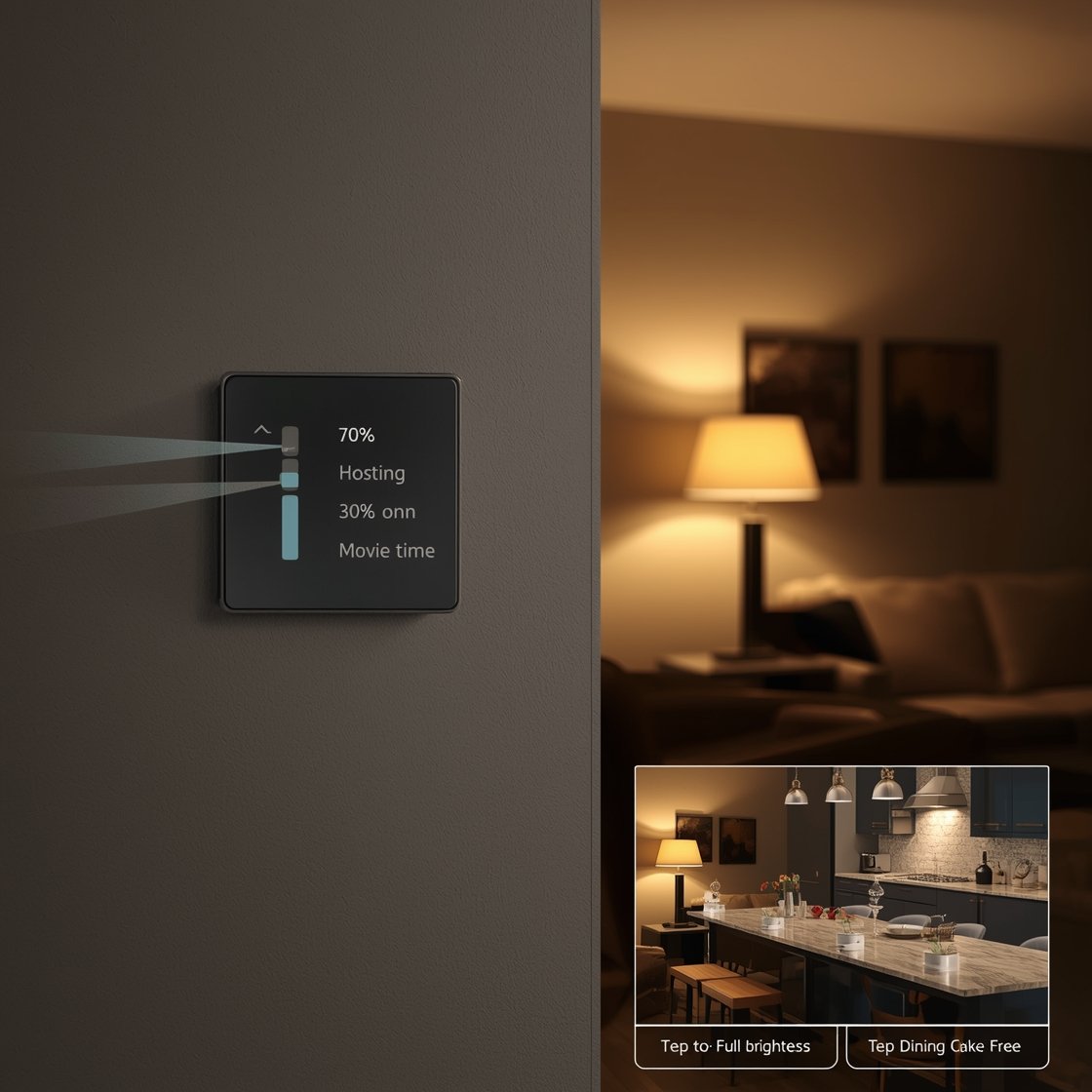 Medium shot: A living room wall with a modern dimmer switch controlling layered lights—overhead, floor, and table lamps; an inset overlay of dimmer levels: 70% hosting, 30% movie time, 10% cozy; another vignette of a kitchen counter scene showing prep at full brightness, then dining at 50%; smart dimmer keypad labeled with presets, flicker-free LEDs, photorealistic.