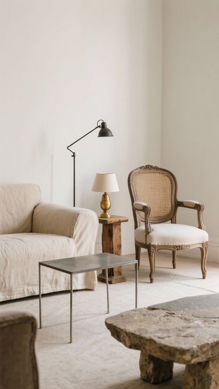 Medium shot: A seating vignette mixing silhouettes—a slipcovered linen sofa in oatmeal paired with a slim-leg modern metal coffee table; beside it, an antique French bergère chair with cane and carved wood contrasted by a clean-lined accent chair. Lighting from a streamlined iron floor lamp and a small brass table lamp with a simple shade. Rustic wood side table and a stone-topped coffee table present; composition straight-on to emphasize traditional-meets-modern balance, neutral palette.