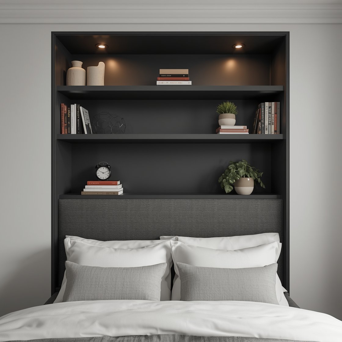 Medium shot: Bed with a headboard that has built-in shelves and a shallow wall niche behind it. Lower shelves hold bedtime reads, a small clock, and a healthy green plant; higher shelves display decor pieces. The niche interior is painted a contrasting deep charcoal against soft white walls, and an overhead shelf with small LED puck lights casts a cozy, soft glow. Balanced composition, practical yet stylish storage focus.
