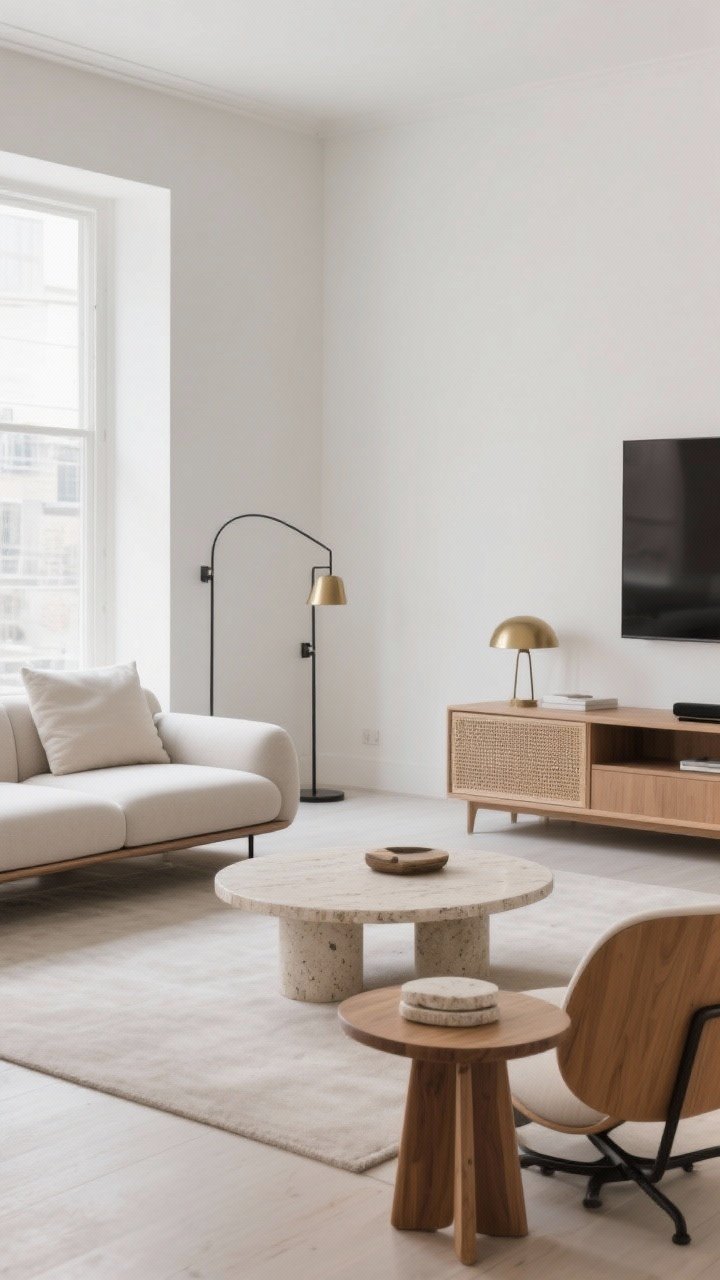 Medium shot, clean-lined furniture ensemble with soft forms: low-back sofa with tailored cushions and slim arms, rounded corners; rounded coffee table in light wood or travertine complementing the swivel chair’s curves; nesting side tables in wood/stone; floating media console and/or cane-front cabinet or open shelves to avoid visual bulk; metals unified in a single finish—either brushed brass or blackened steel—for handles/lamps; uncluttered Scandinavian room with quiet confidence; even daylight; photorealistic.