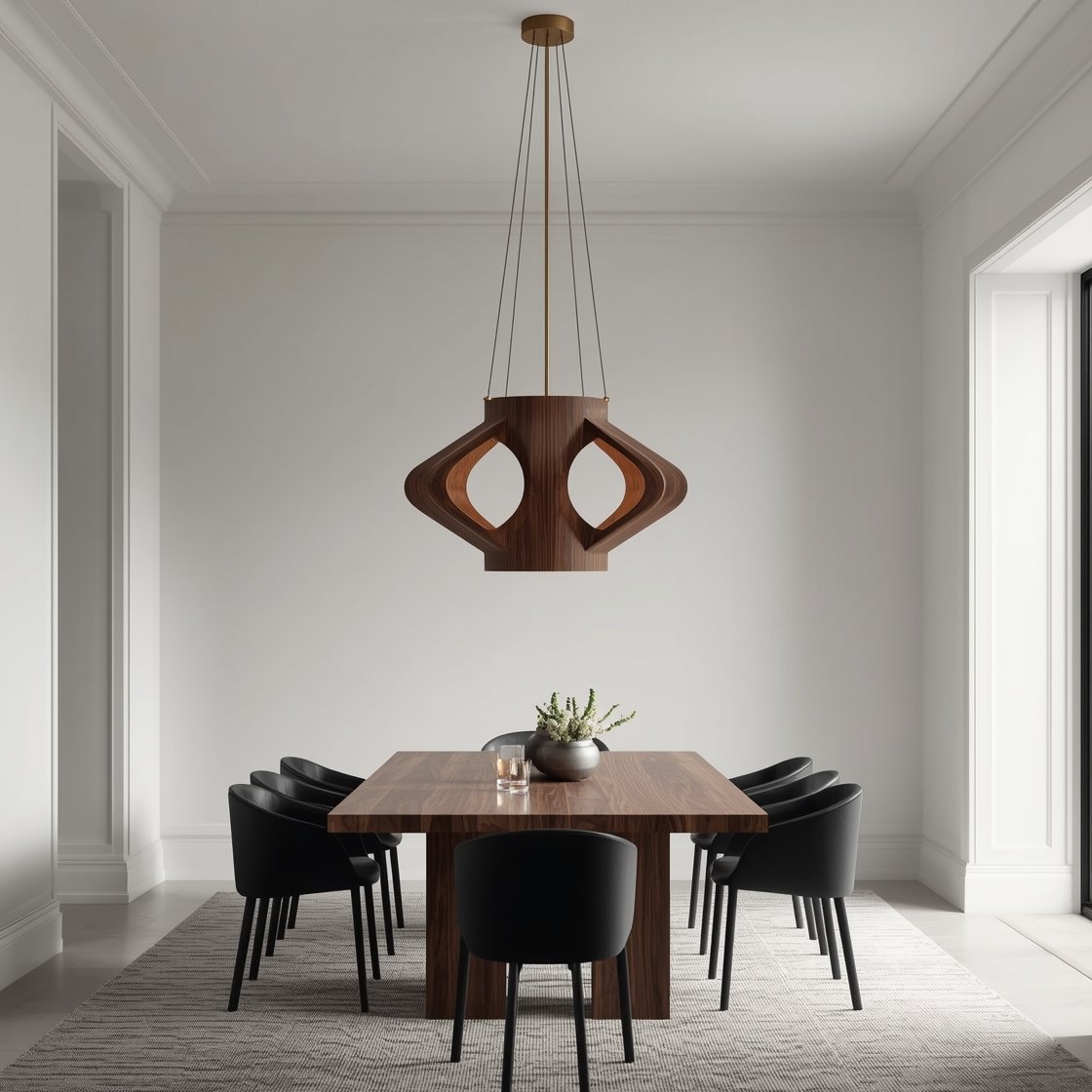 Medium shot: Dining area with an oversized sculptural chandelier centered above a walnut table; fixture diameter about two-thirds of the table width, hung 32 inches above the tabletop; clean white walls, modern black dining chairs, intentional dramatic scale that feels bold and elevated; soft evening ambient light with subtle highlights on the chandelier’s contours, photorealistic.