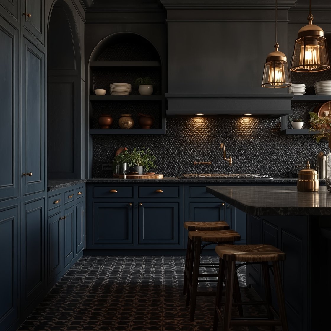 Medium shot from a corner angle: Midnight Mediterranean kitchen with deep navy cabinets featuring arched niches and open shelves, a hand-troweled off-black plaster hood with softened edges, dark terracotta patterned tile floor, aged brass hardware and brass pot filler glowing warmly, near-black zellige tile backsplash with rippled sheen, dark wood stools with woven seats at the counter, petite brass lantern pendants with smoked glass; palette of ink blue, soot black, burnished brass, terracotta; warm, moody evening light emphasizing texture; photorealistic, no people.