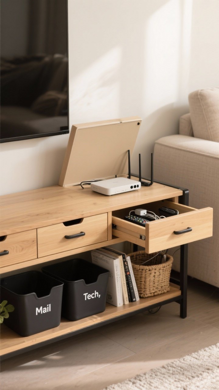 Medium shot from a slight corner angle focusing on a storage-smart sofa table: two shallow top drawers with simple pulls, an open lower shelf holding labeled bins “Mail” and “Tech,” plus a basket of books. Include a lift-top compartment ajar on one side revealing a hidden router and a cable grommet. Materials: light oak body, black metal accents; mood is calm and practical with soft, diffuse daylight. Keep clutter minimal but realistic—remotes and chargers neatly inside a half-open drawer.