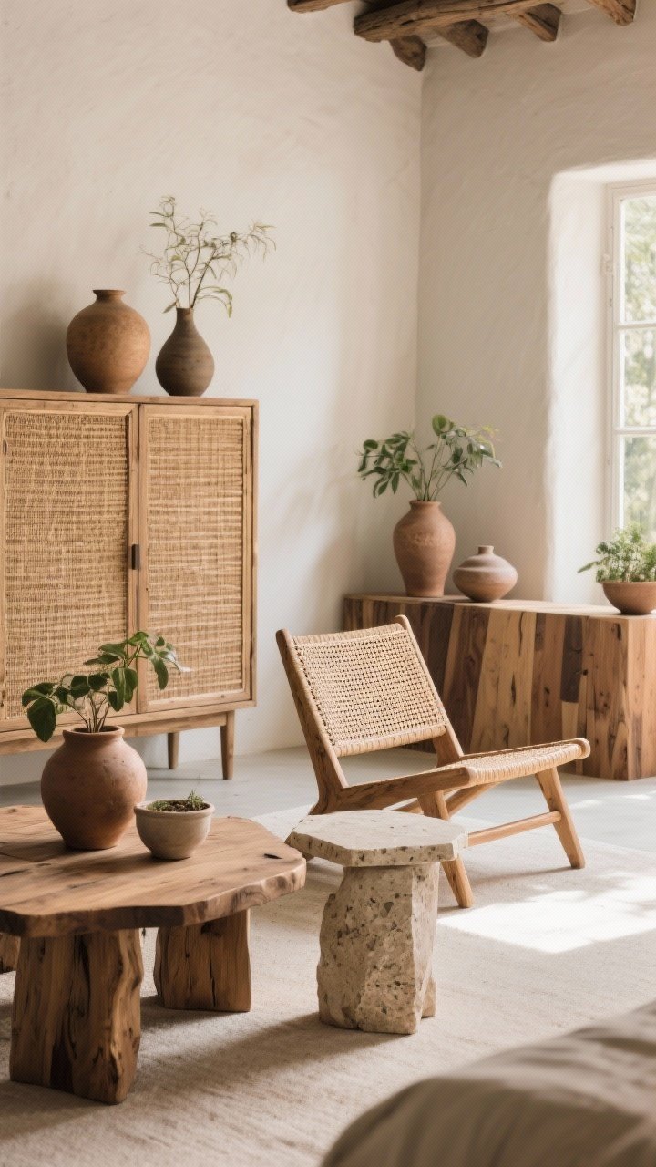 Medium shot highlighting natural materials: rattan lounge chair next to a cane-front cabinet, raw wood coffee table with a travertine side table nearby; hand-thrown ceramic vases and planters on surfaces; mixed wood tones visible throughout for a curated, timeless feel; gentle afternoon light accentuating wicker, cane, stone, and clay textures