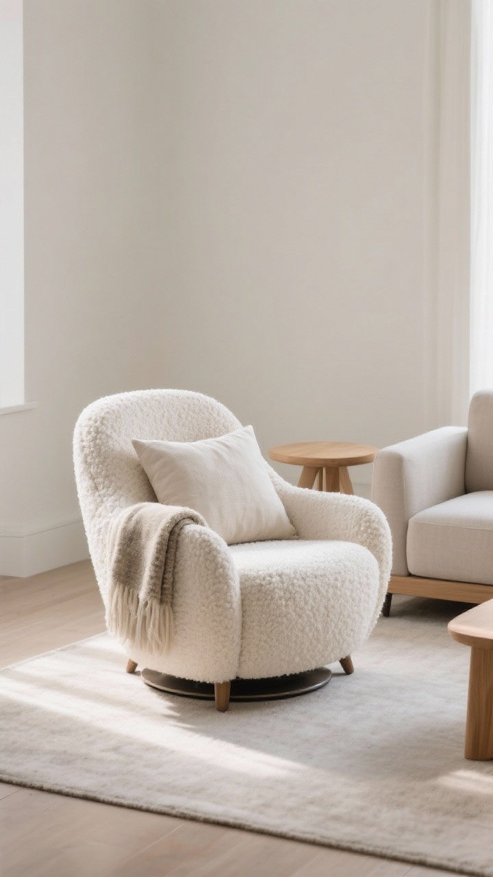 Medium shot, intentional seating vignette: an ivory bouclé swivel chair floated in the room with 24–30 inches of breathing space, angled toward a low-profile sofa to create a relaxed conversation zone; optional second matching swivel chair for balanced boutique-hotel symmetry; texture play with a linen lumbar pillow and a nubby wool throw on the chair; light oak side table nearby; soft daylight; clean Scandinavian backdrop; no clutter; photorealistic.