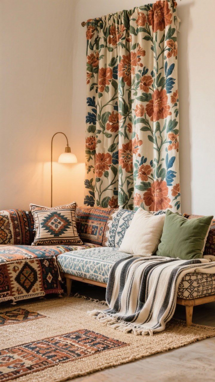 Medium shot of a boho seating area showcasing mixed patterns unified by a rust, sage, cream, and indigo palette: large floral curtain panel, small check throw pillow, geometric tribal print cushion, and a striped throw; layered rugs with a patterned kilim atop a larger neutral sisal; a couple of solid sage and cream pillows to anchor; warm ambient light, eclectic but cohesive, straight-on view
