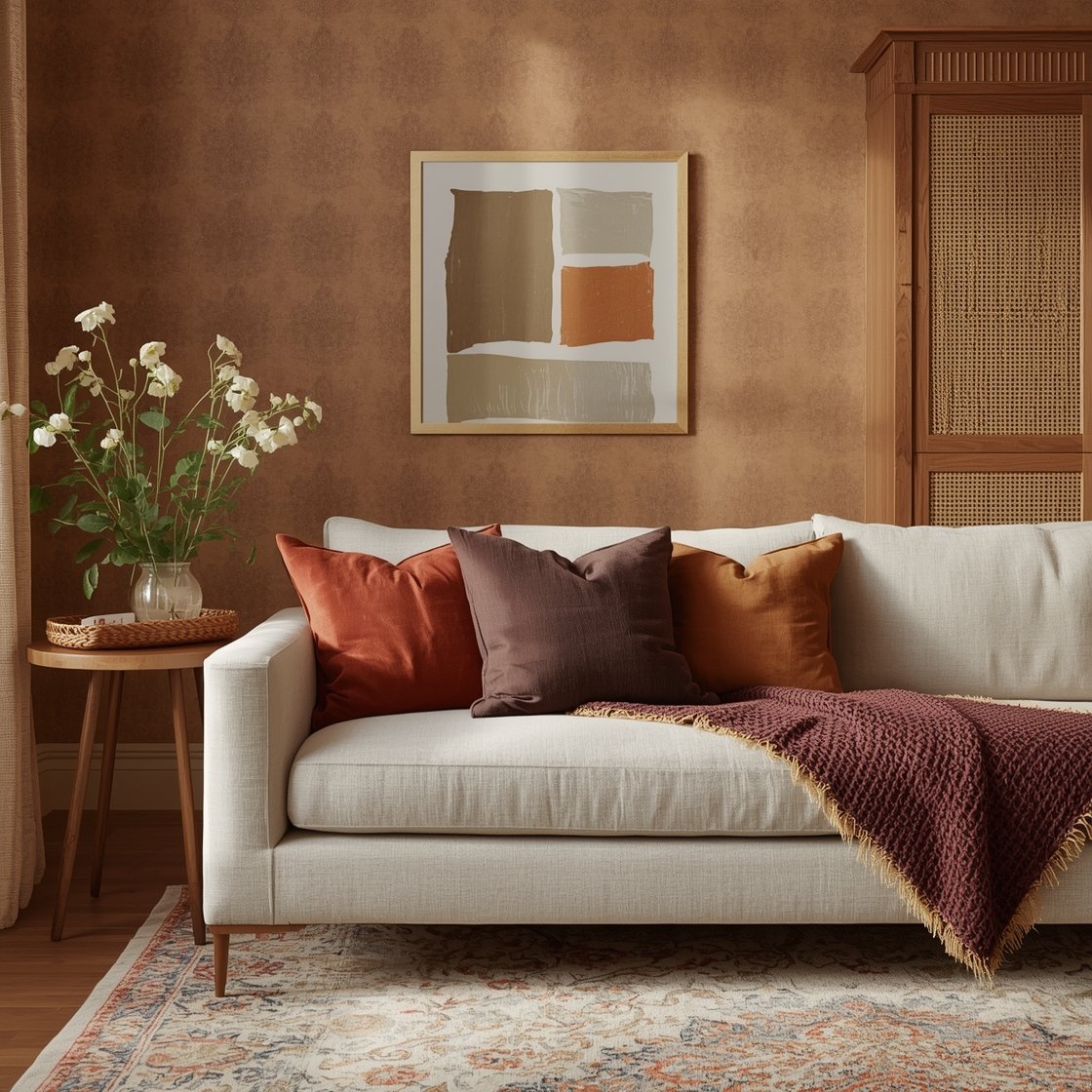 Medium shot of a cozy sofa wall highlighting warm color and material updates: seasonal pillow covers in rust, olive, chocolate, camel, and plum on a neutral sofa; walnut side table and an oak picture frame to introduce warm wood tones; weighty drapery panels in linen or velvet pooling slightly at the floor to soften acoustics; a woven rattan tray on the side table and a cane-front cabinet partially visible for organic texture; peel-and-stick wallpaper in a subtle warm-toned pattern on the wall behind the sofa; golden-hour light for warmth, straight-on composition for balance and clarity