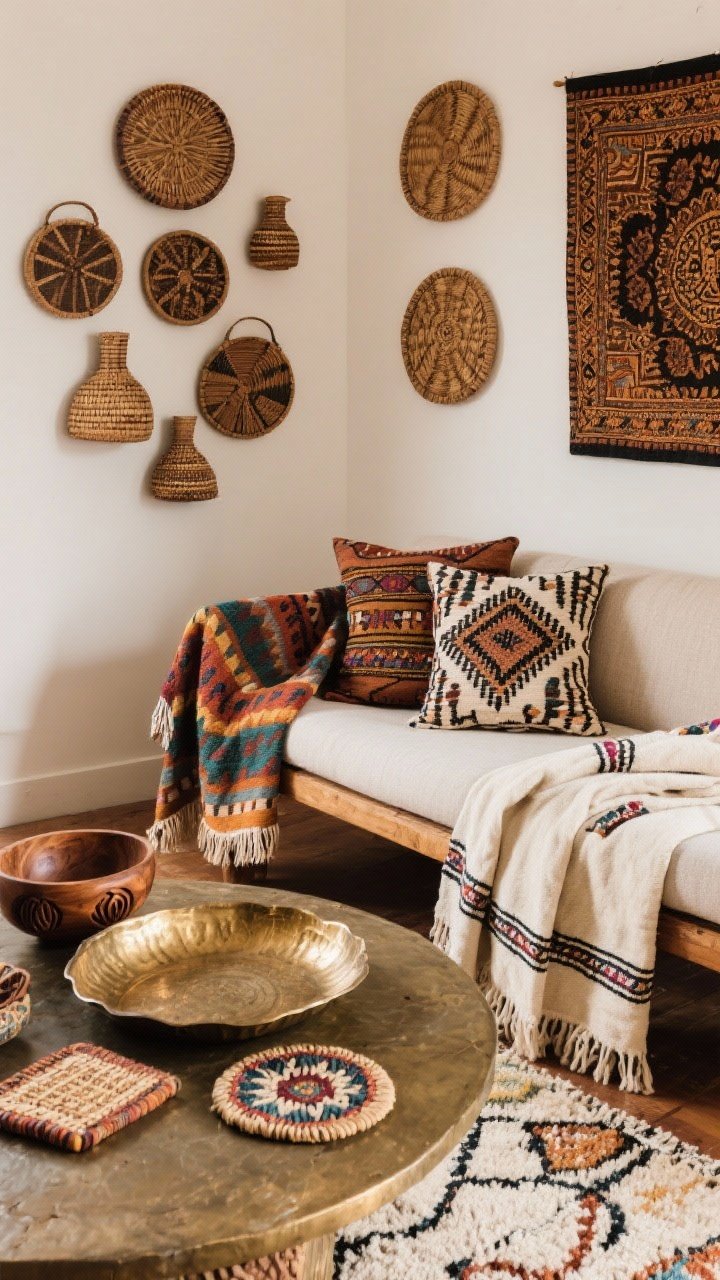 Medium shot of a globally accented vignette: Turkish kilim throw draped over a sofa arm, a Moroccan Beni Ourain rug underfoot, Indian block print pillows, and a folded Peruvian frazada on a bench; wall accents include a grouping of African baskets and an Indonesian batik textile; tabletop features a hammered brass tray, hand-carved wooden bowl, and handwoven coasters; warm, artisan-forward mood with mixed new and vintage pieces