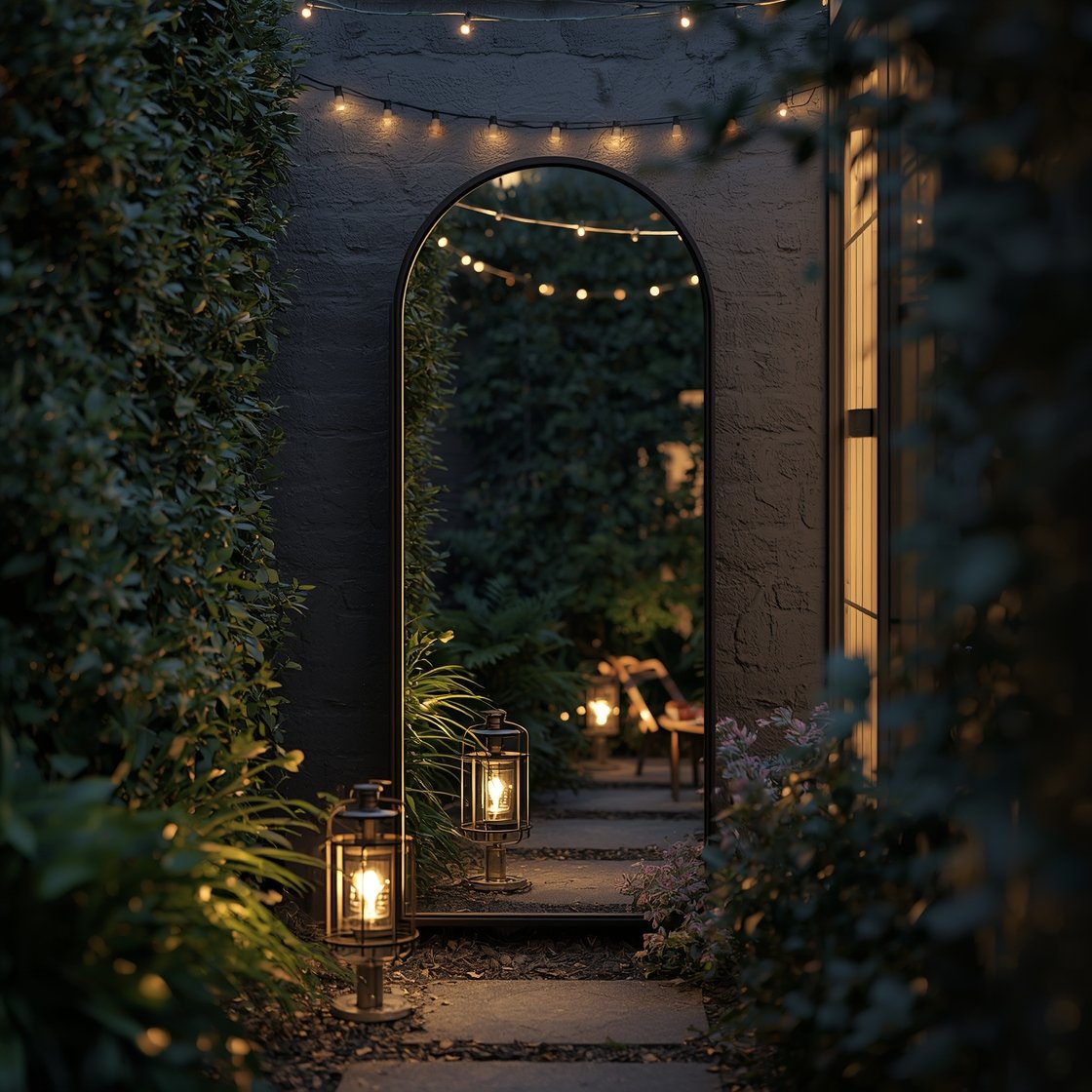 Medium shot of a narrow garden wall with an arched outdoor mirror framed in matte black, tilted slightly to reflect lush plants instead of neighboring elements. Warm LED string lights overhead and low-glow solar stake lights along a path, with a metal-and-glass lantern on the ground for layered lighting. The mirror doubles greenery and light, widening the space. Dusk setting for cozy “secret garden” ambiance, straight-on view with soft reflections.