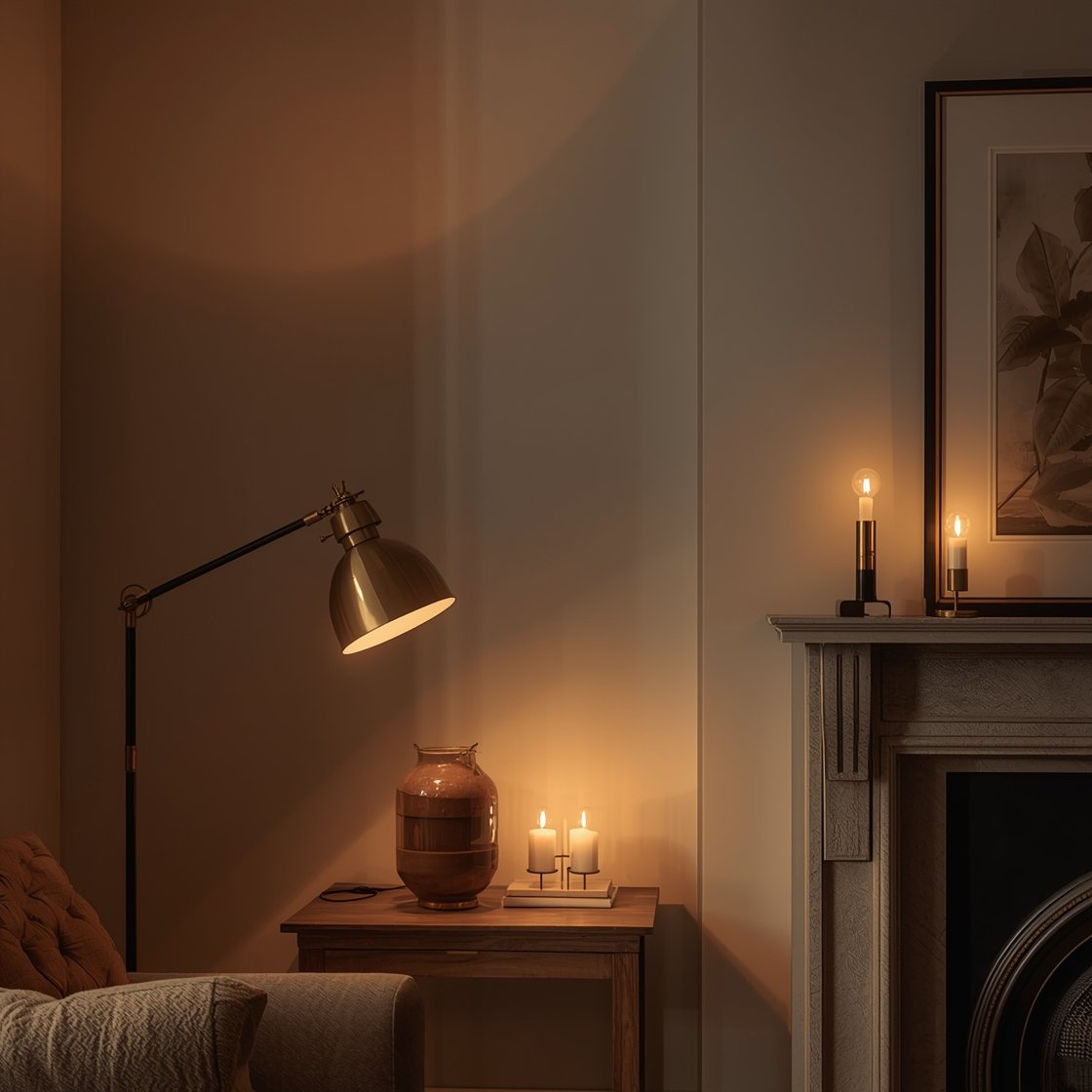 Medium shot of a warmly lit living room corner at dusk emphasizing layered lighting: a brass floor lamp, a ceramic table lamp on a console, and a slim picture light above framed art; all bulbs set to 2700K with visible warm pools of light and dimmed intensity; an additional small lamp tucked on a bookshelf creating glow in the corner; a couple of unscented candles or LED tapers on the mantel for ambiance; no overhead light on; show dimmer switch on the wall; color palette warm neutrals with soft shadows, straight-on view to clearly show lighting hierarchy
