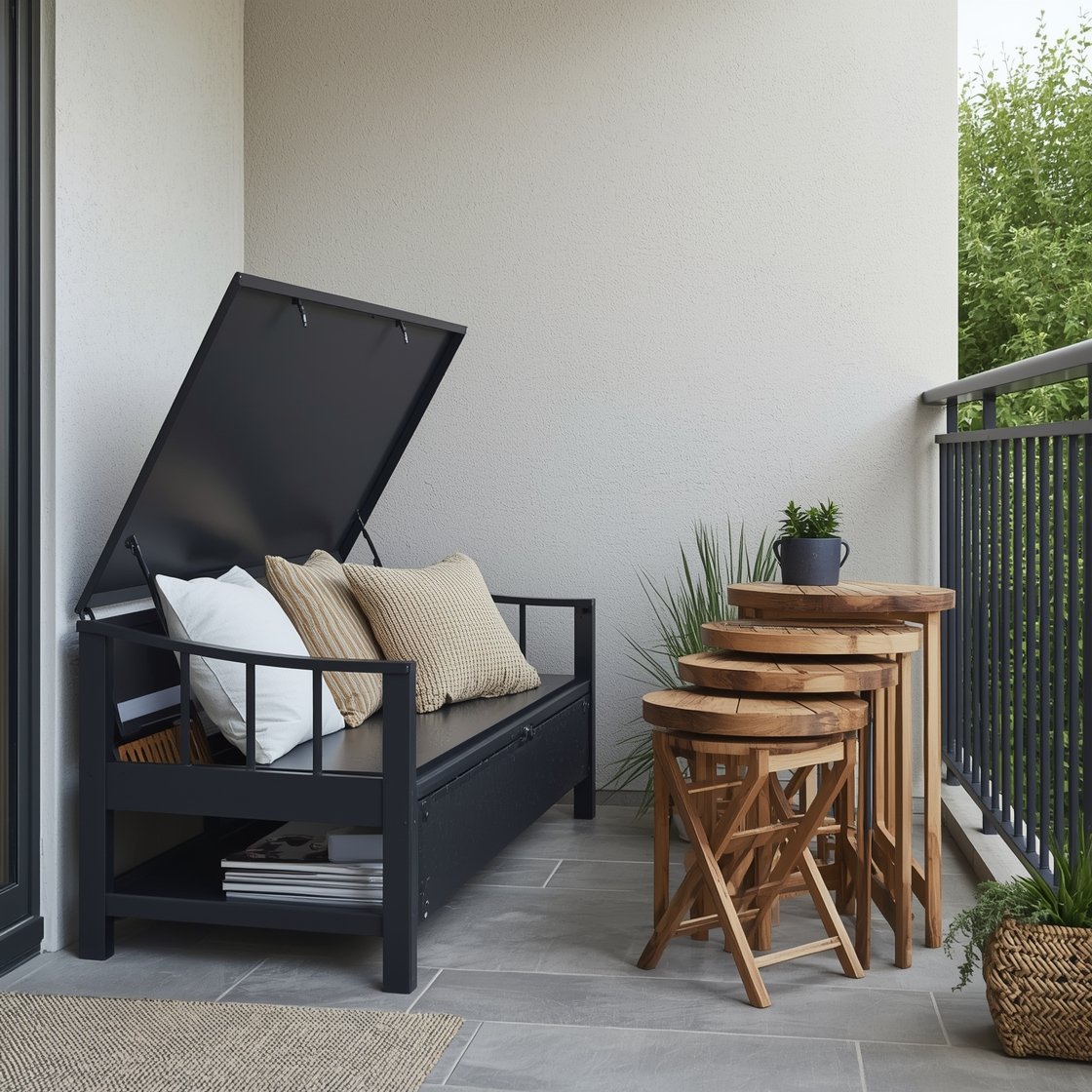 Medium shot of space-saving garden furniture on a compact balcony: a powder-coated black metal bench with lift-up storage hiding cushions and garden tools, paired with a foldable bistro set leaning neatly against the wall for stowability, and a trio of nesting tables partially spread with one stacked. Include a slimline armless chaise in eucalyptus wood keeping sightlines open. Materials mix: powder-coated metal, eucalyptus, and resin wicker accent basket. Bright natural daylight, straight-on composition emphasizing clean lines and functionality.