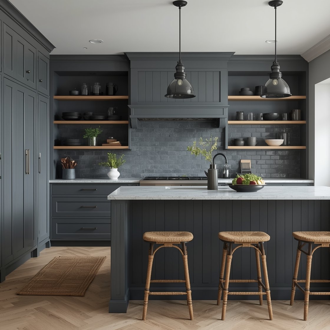 Medium shot, straight-on: Moody coastal kitchen with smoked blue-gray (almost slate) cabinets, pewter hardware, subtle stormy quartz countertops, white oak open shelves lined with deep blue stoneware, a beadboard-paneled island painted one shade darker than the cabinets, slate mosaic or elongated charcoal subway backsplash, bell-shaped smoked glass pendants above, rope-trim stools and a jute runner grounding the scene; cool coastal overcast lighting with soft highlights; photorealistic, no people.