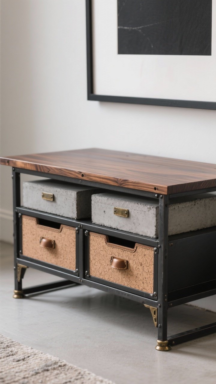 Medium shot, straight-on, showcasing materials, finishes, and DIY/upgrade details: a sofa table in a “Modern Industrial” mood—walnut veneer top, black steel frame—with concrete-look accessories. Show construction cues: 1x12 top with added 1x2 trim for a chunkier edge, pocket-hole joinery seams subtly visible, matte water-based poly finish. Include pre-made drawer boxes on full-extension slides open slightly, aged brass or leather pull hardware swap, added furniture feet for height, and drawers lined with peel-and-stick cork. Cohesive styling ties to an existing black picture frame in the background for a pulled-together look; balanced daylight.