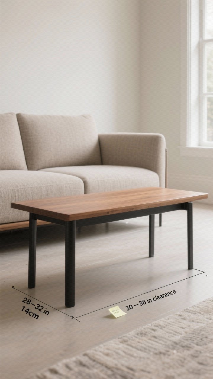 Medium shot, straight-on view of a slim sofa table positioned just below the back of a contemporary fabric sofa, showcasing perfect sizing: table height 28–32 inches, depth under 14 inches, width slightly shorter than the sofa. Include a tape measure and a small sticky note marking “30–36 in clearance” behind the table to illustrate walkway space. Neutral palette with warm wood table top and matte black legs, soft natural daylight from a side window, uncluttered floor pathway to emphasize the clearance.
