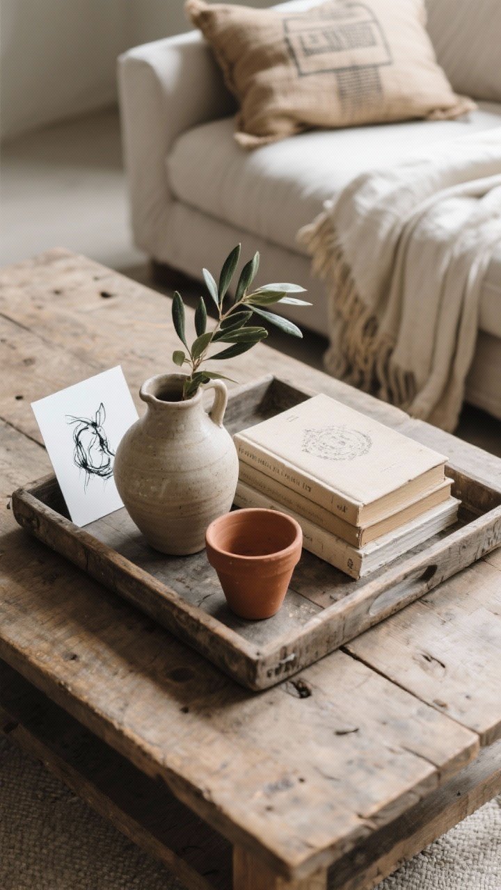 Overhead detail shot: A curated tray display on a rustic wood coffee table—hand-thrown ceramic vase with olive branches, a stoneware jug, a small terracotta pot, a stack of weathered neutral-spine books, and a charcoal sketch postcard leaned against the vase. Nearby: a linen throw edge and a vintage grain-sack pillow peeking into frame. Minimal, intentional arrangement with negative space, muted tones, calm mood.