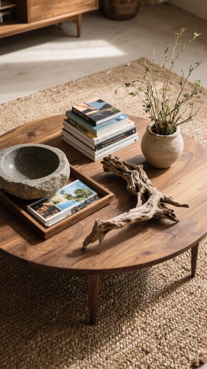 Overhead detail shot of a layered, lived-in coffee table: a round wood table with a tray corralling items, stacked design and travel books, an organic stone bowl and a piece of driftwood as sculptural objects, plus a small plant in a ceramic pot with wild stems; set over a jute rug, casual yet intentional styling in warm natural light