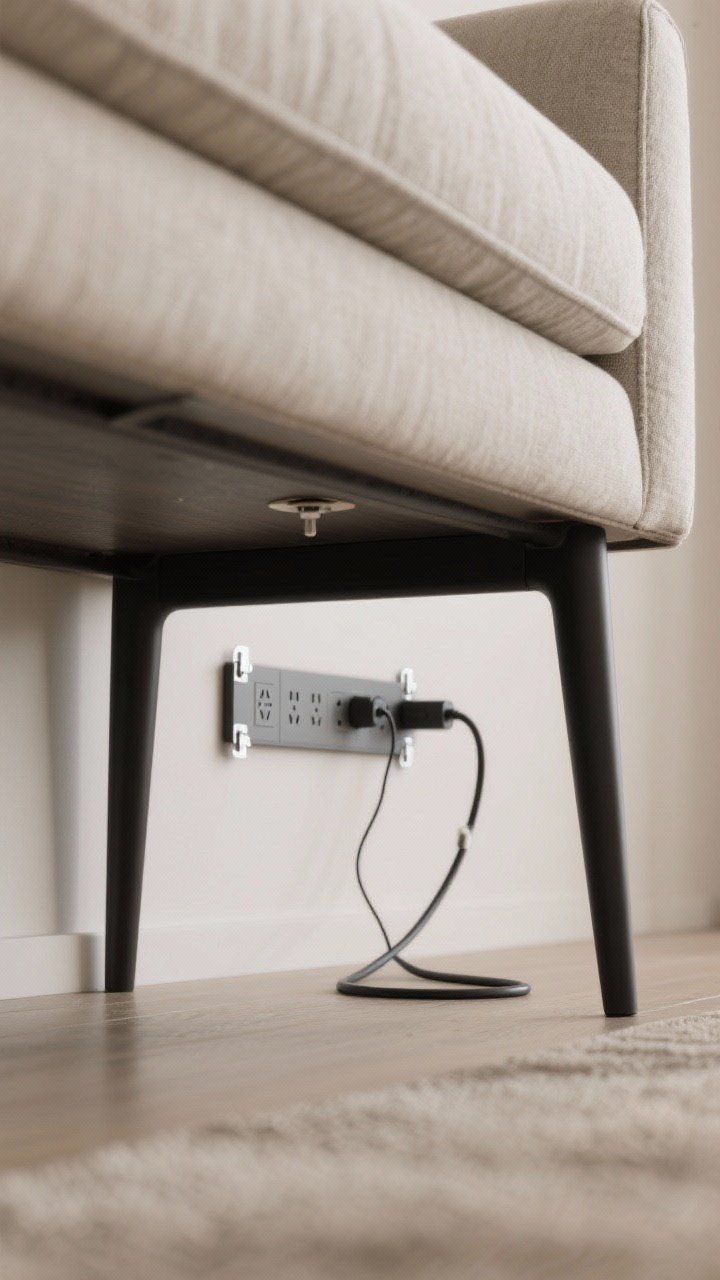 Overhead/detail shot of hidden power management under the sofa table: underside view showing a mounted power strip attached with adhesive brackets, a flat-plug extension hugging the wall, and cable sleeves color-matched to the table’s black legs. Include a discrete back-panel grommet with cords routed cleanly. Neutral tones, crisp photorealism, and controlled artificial light to clearly reveal components while keeping the scene tidy.