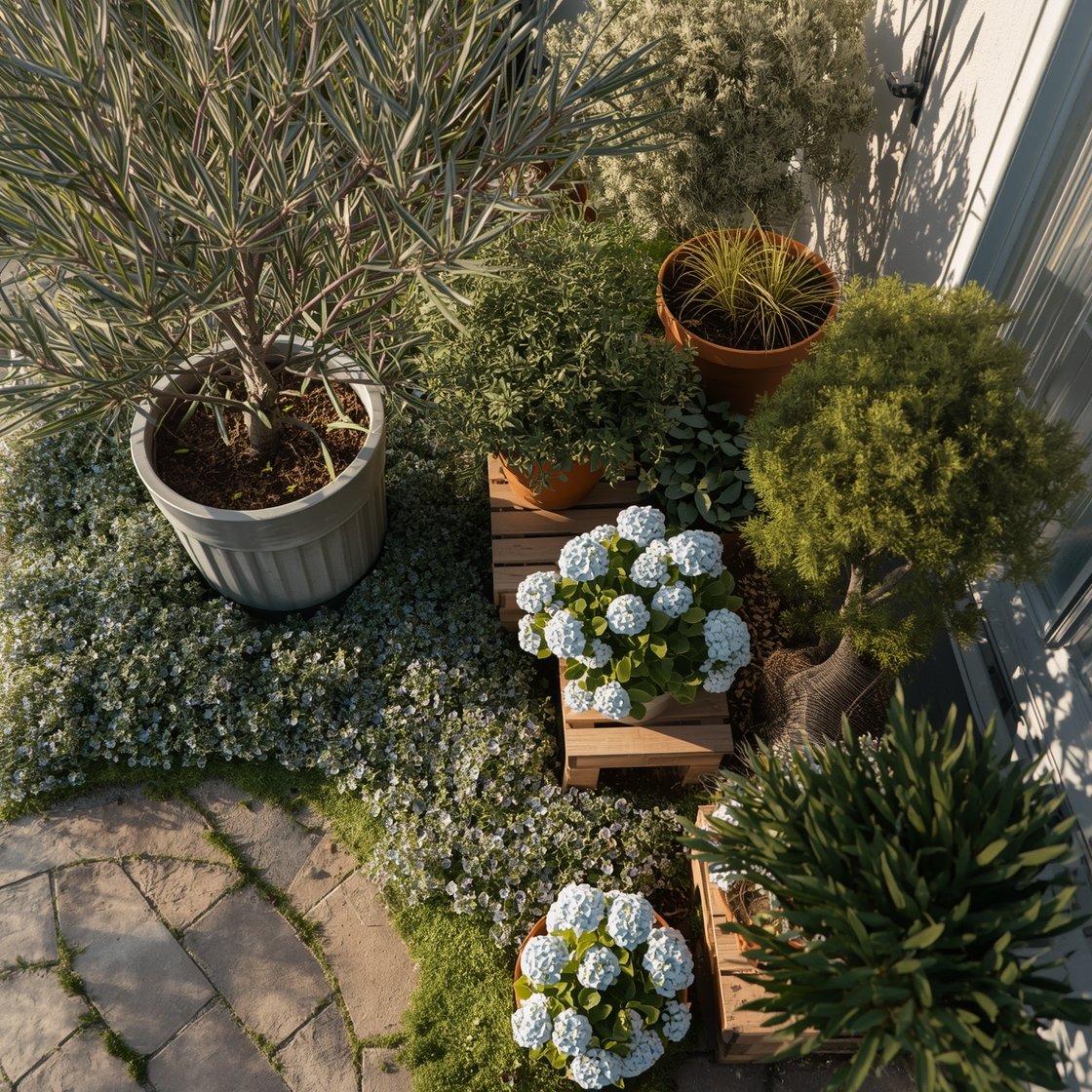 Overhead-to-oblique angle capturing layered plant heights for depth: a container olive tree and tall grasses forming the canopy; mid-level bushy shrubs and potted hydrangea beside tomato cages; a low carpet of creeping thyme, moss, lobelia, and sedum softening edges between pavers. Some pots elevated on stands and wooden crates to vary heights. Textural contrast and shadows create drama. Late afternoon light with gentle highlights, detail-forward but showing the whole layered arrangement.