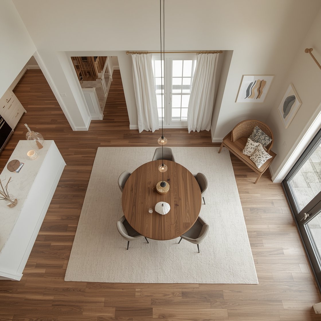 Overhead wide shot: Open-plan space with pendants defining zones—two evenly spaced pendants 32 inches above a kitchen island, a single centered pendant over a round dining table at half the table’s width, and a small cluster of staggered-height pendants creating an artful reading nook in a corner; consistent finishes with varied scales, photorealistic.