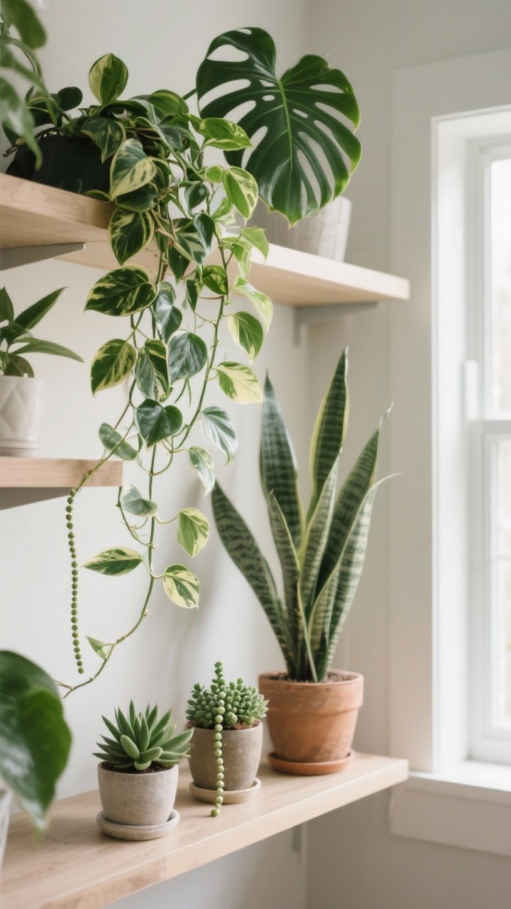 Photorealistic closeup detail of indoor plants curated for thriving: on floating shelves, a trailing Pothos cascading from an upper shelf, a sculptural Snake Plant and ZZ Plant on middle shelves for height, plus a trio of small succulents/peperomias grouped for balance; include Monstera deliciosa and String of Pearls hints on adjacent ledges; mix of upright, trailing, and textural foliage; soft bright indirect daylight near a window, shallow depth of field to highlight leaf texture and variegation, slight corner angle