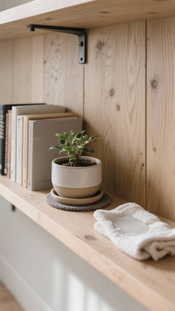 Photorealistic closeup detail of practical care on a floating shelf against wood paneling: a planter sitting on a ceramic saucer with felt pads, a cachepot with removable liner nearby; a microfiber cloth lightly damp for gentle shelf cleaning; evidence of even weight distribution—books on one side, medium planter on the other; sturdy hidden brackets anchored into studs; no water stains, clean finish; neutral daylight, overhead-angled shot focusing on textures of wood grain, ceramic, and felt